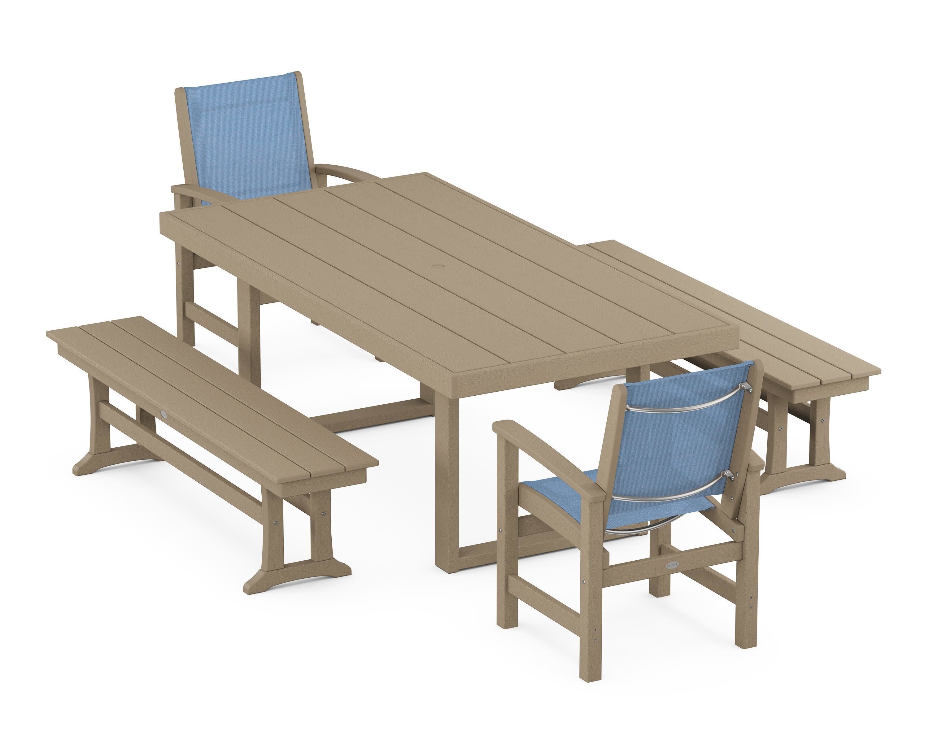 Coastal 5-Piece Dining Set with Trestle Legs in Vintage Sahara / Poolside Sling