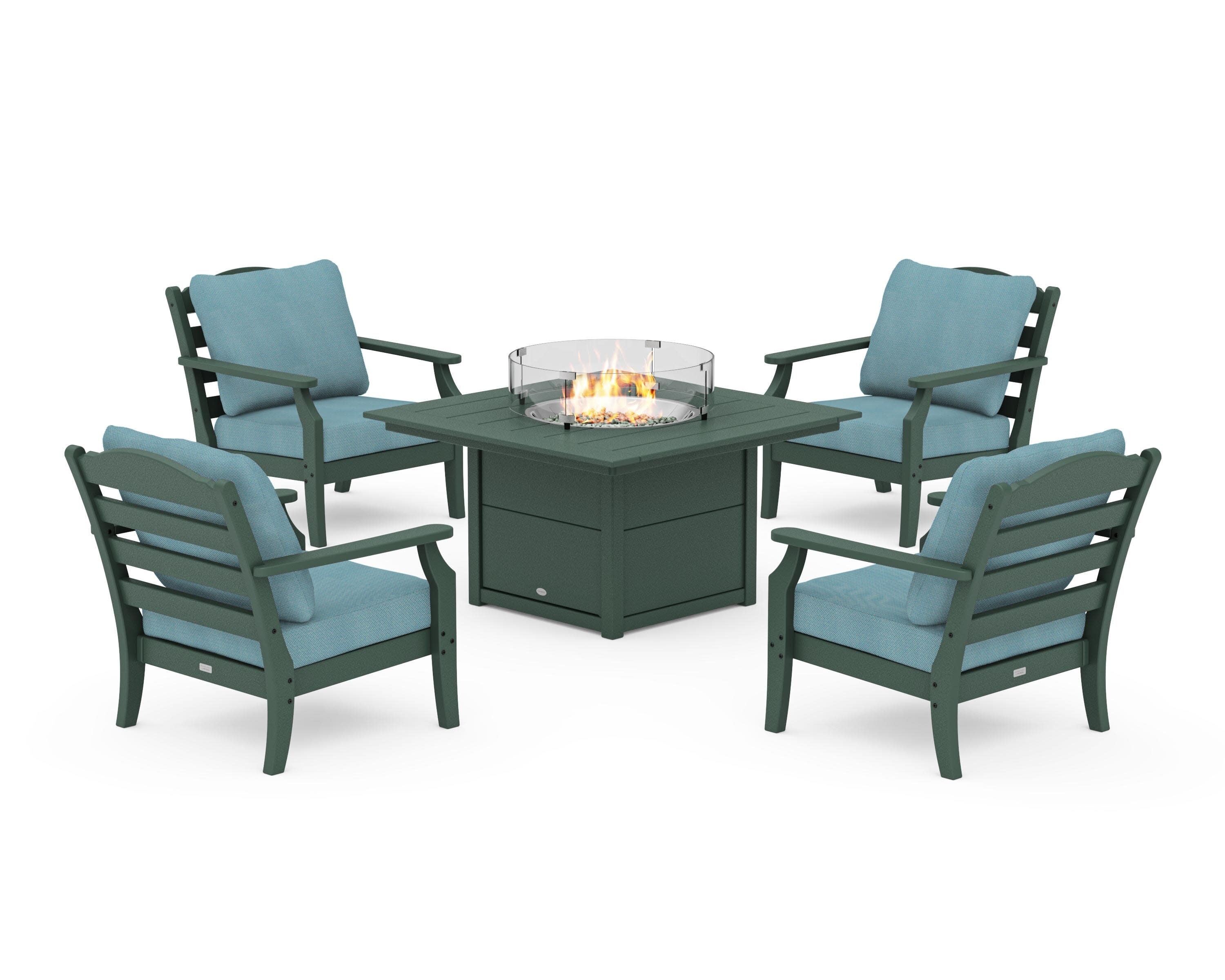 Savannah 5-Piece Deep Seating Set with Fire Pit Table in Green / Lattice Sky Blue