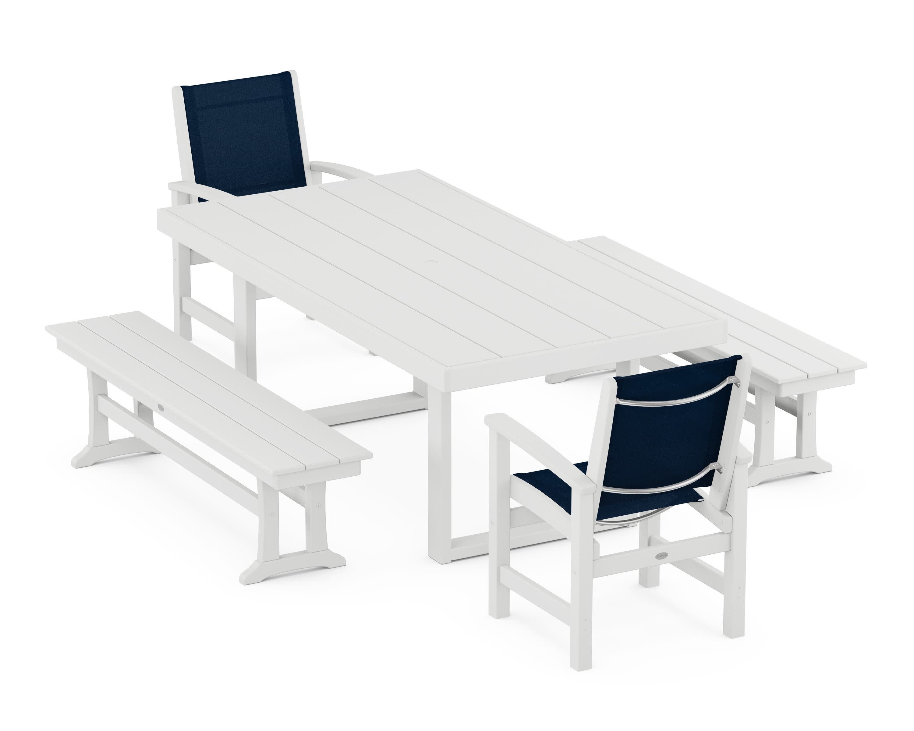 Coastal 5-Piece Dining Set with Trestle Legs in White / Navy Blue Sling