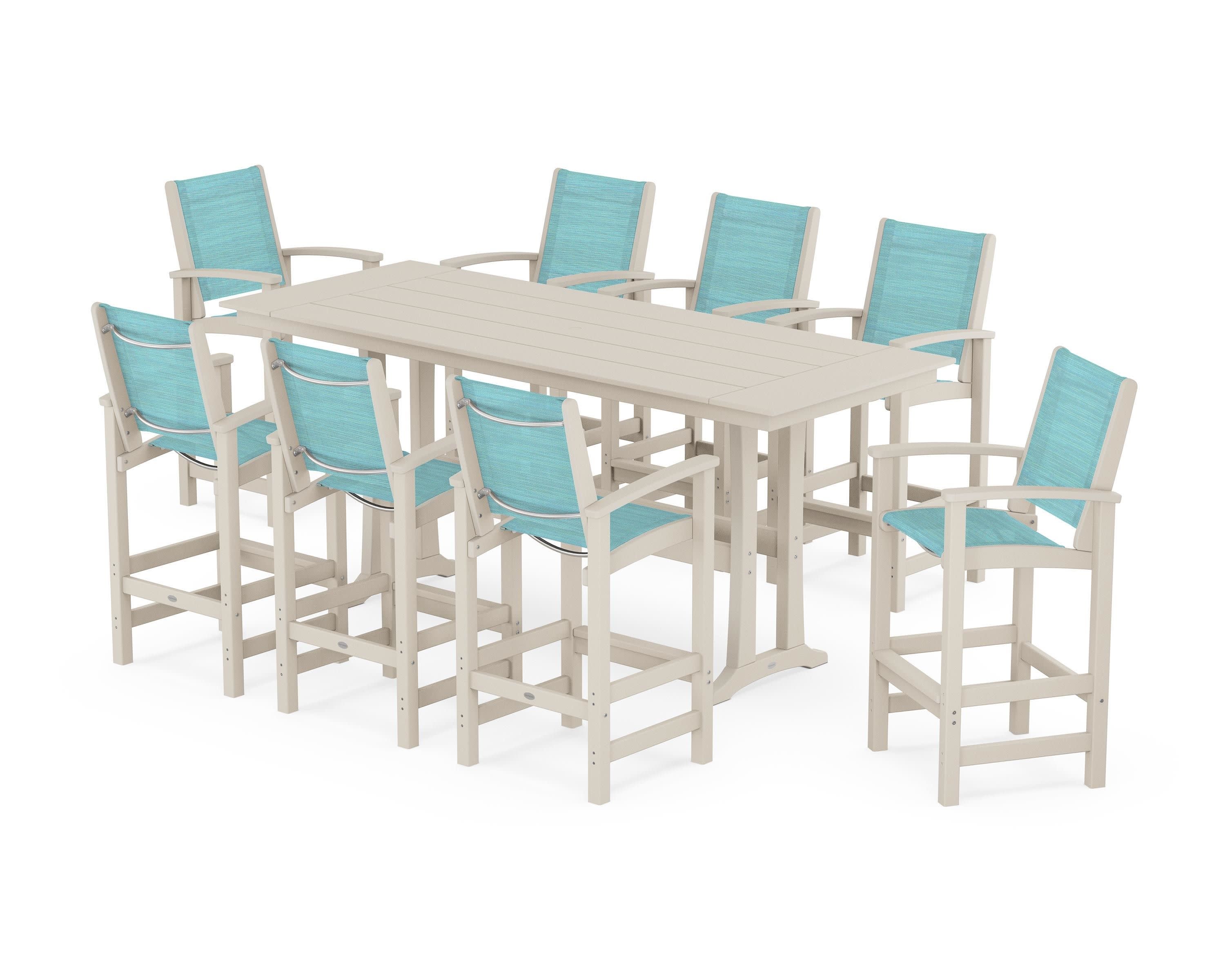 Coastal 9-Piece Farmhouse Bar Set with Trestle Legs in Sand / Dupioni Aquamarine Sling