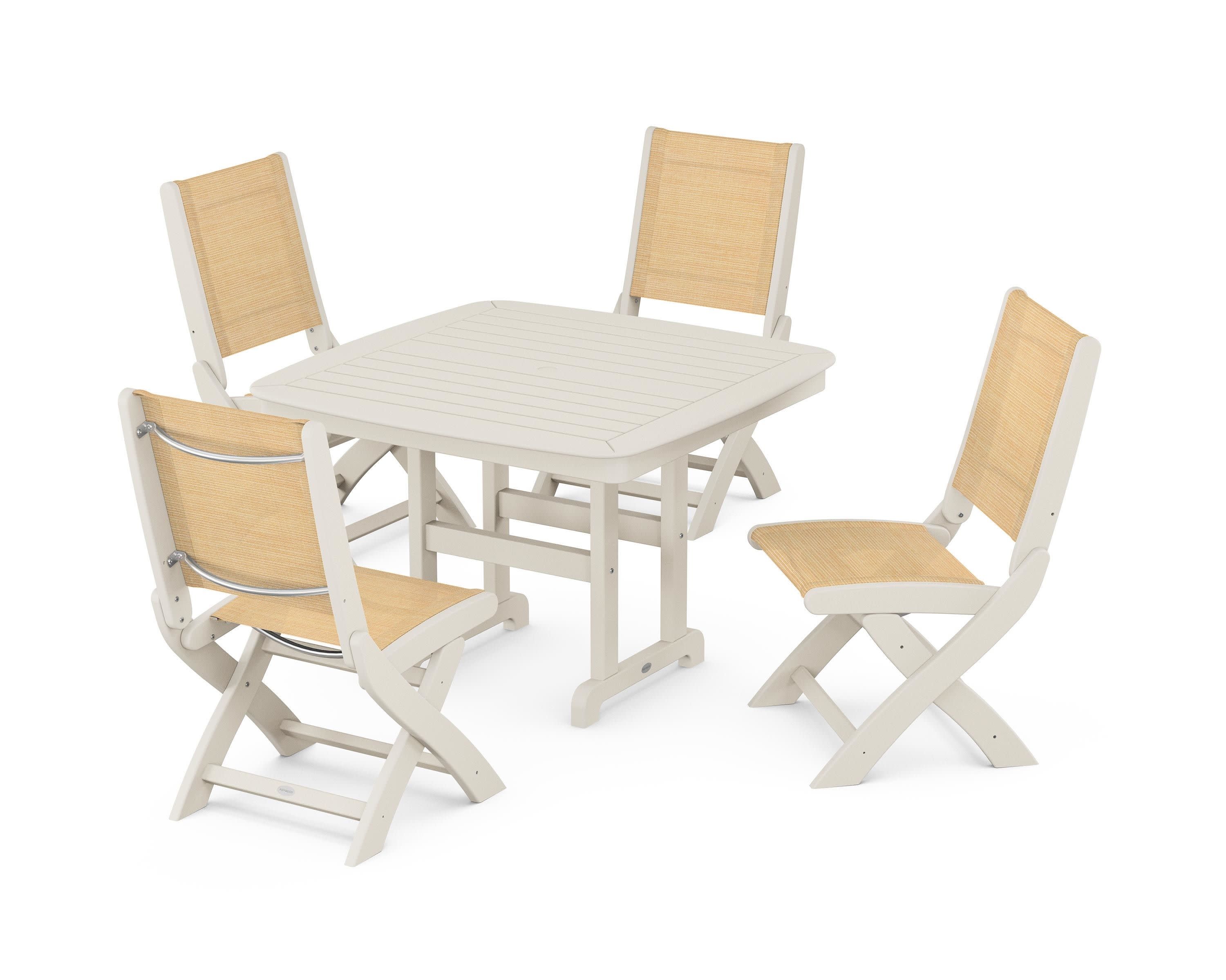 Coastal Folding Side Chair 5-Piece Dining Set in Sand / Dupioni Apricot Sling