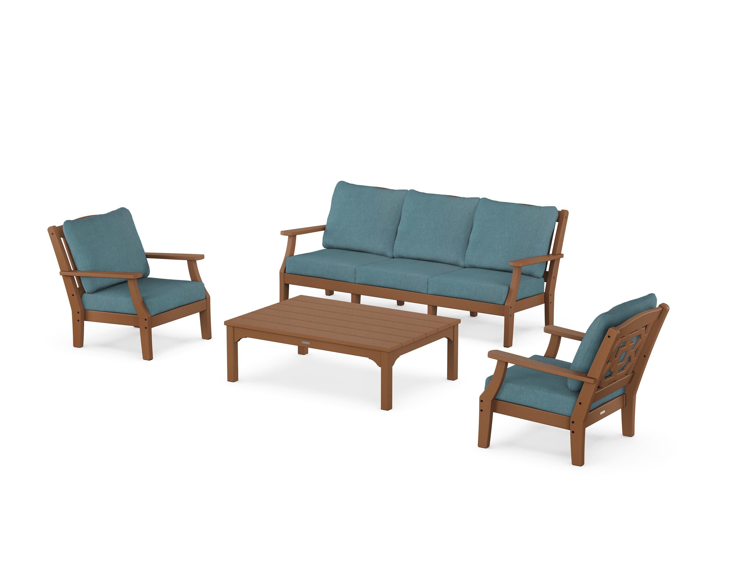 Chinoiserie 4-Piece Deep Seating Set with Sofa in Teak / Ocean Teal