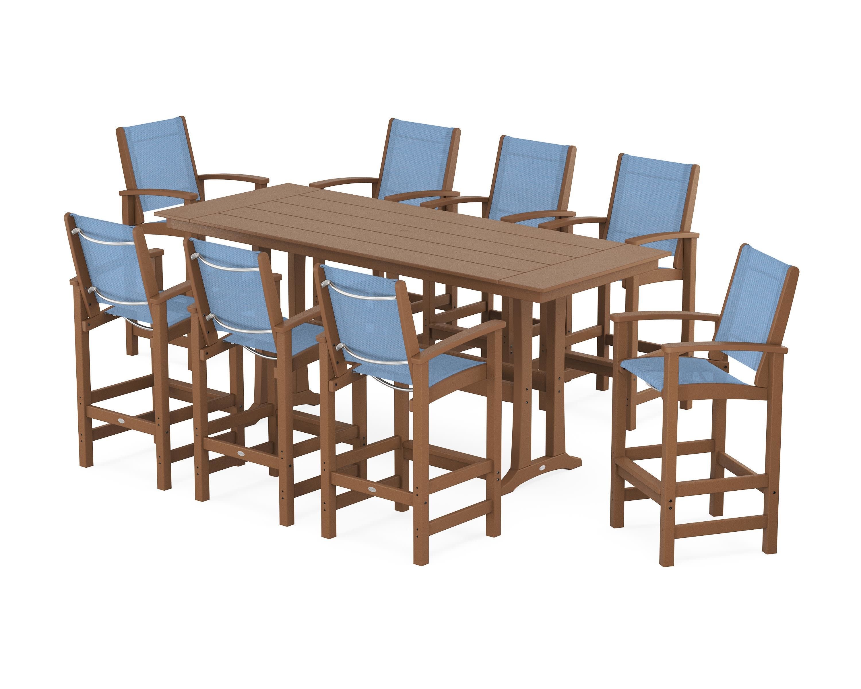 Coastal 9-Piece Farmhouse Bar Set with Trestle Legs in Teak / Poolside Sling