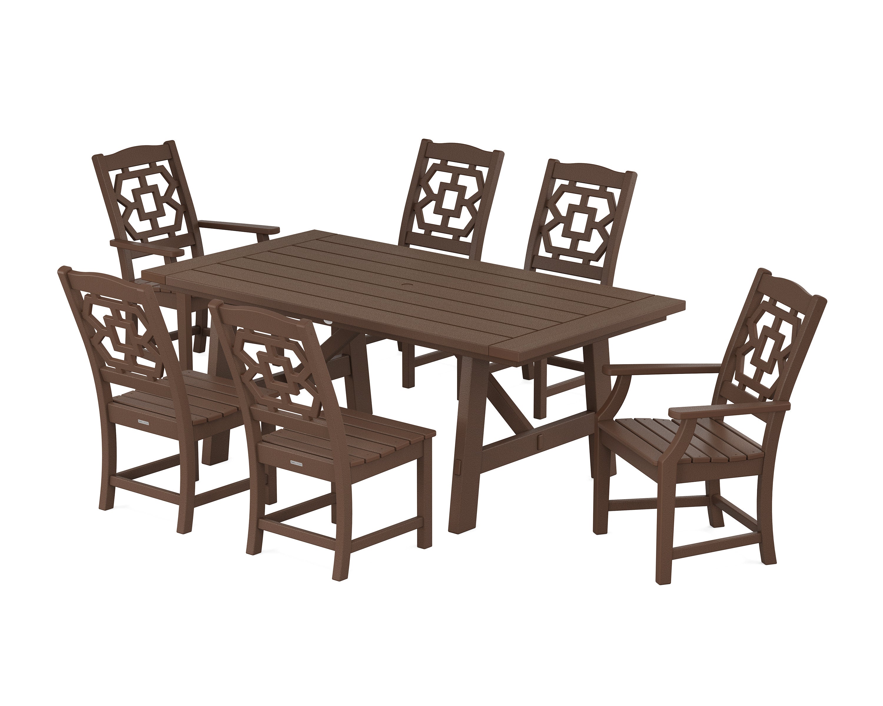 Chinoiserie 7-Piece Rustic Farmhouse Dining Set in Mahogany