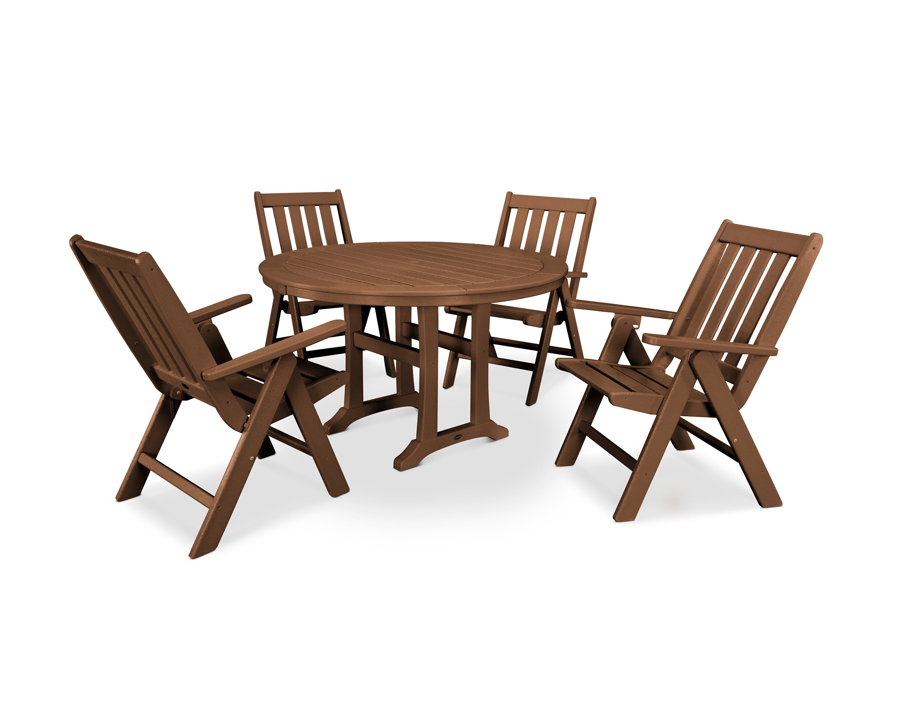 Vineyard Folding Chair 5-Piece Round Dining Set with Trestle Legs in Teak