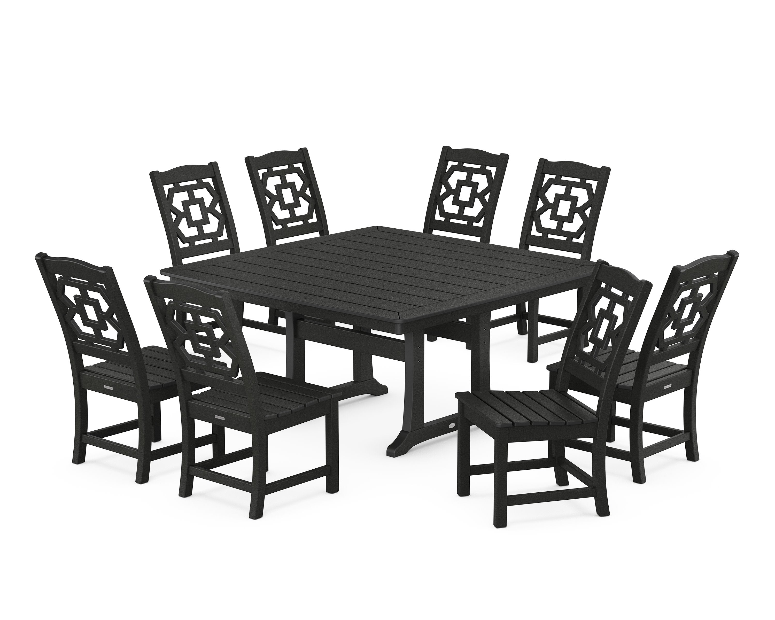 Chinoiserie 9-Piece Square Side Chair Dining Set with Trestle Legs in Black