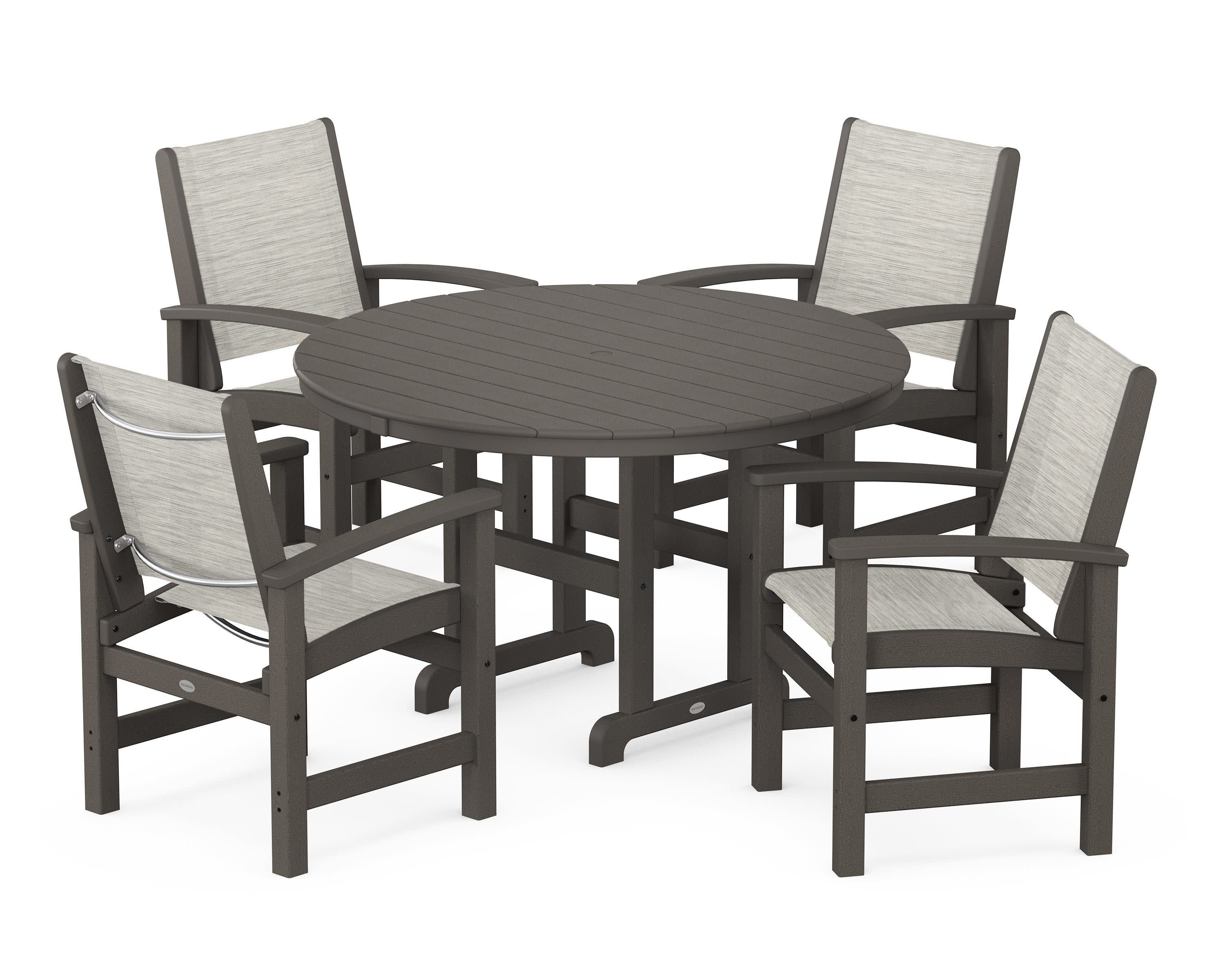 Coastal 5-Piece Round Farmhouse Dining Set in Vintage Coffee / Birch Sling