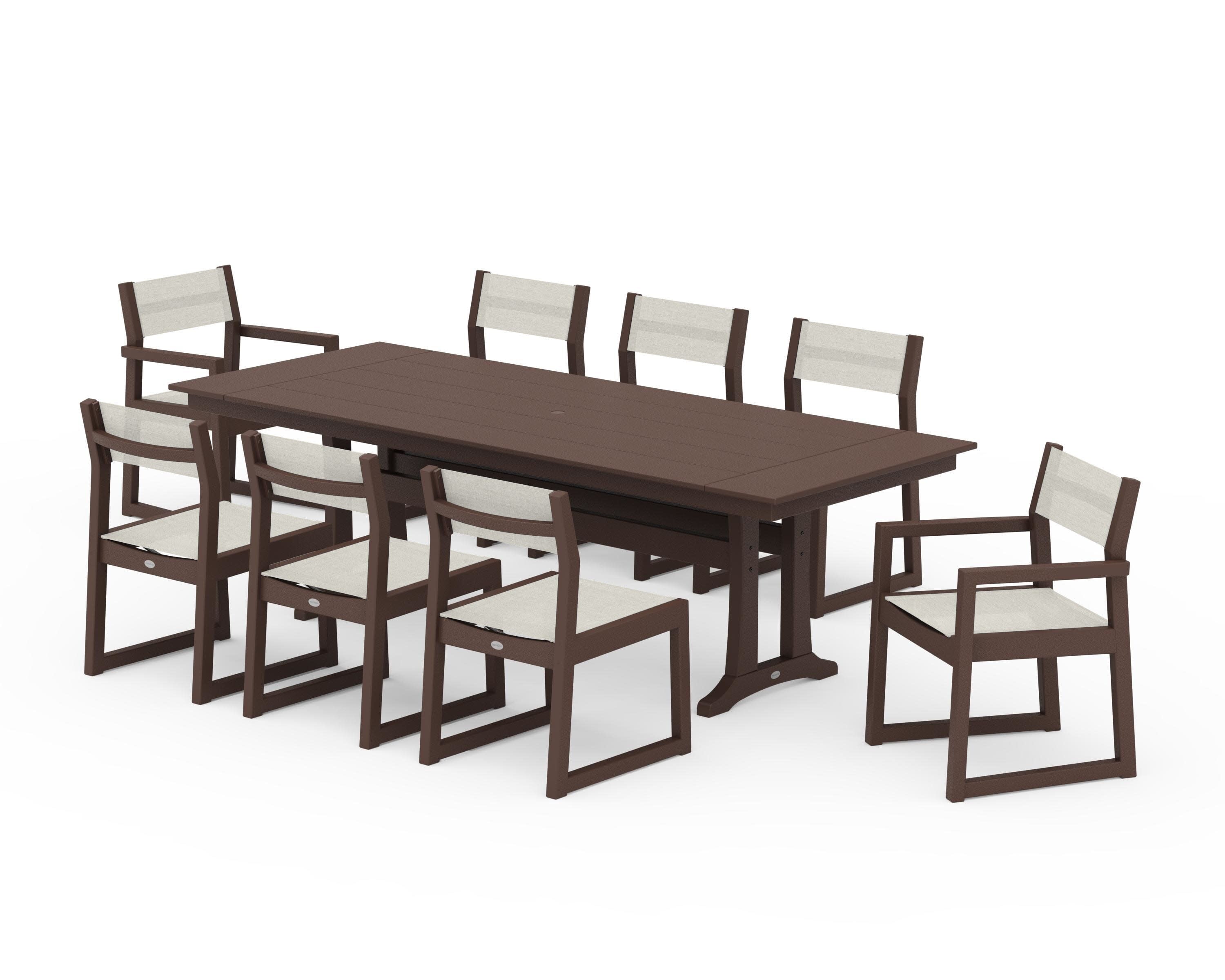 EDGE Sling 9-Piece Farmhouse Trestle Dining Set in Mahogany / Parchment Sling