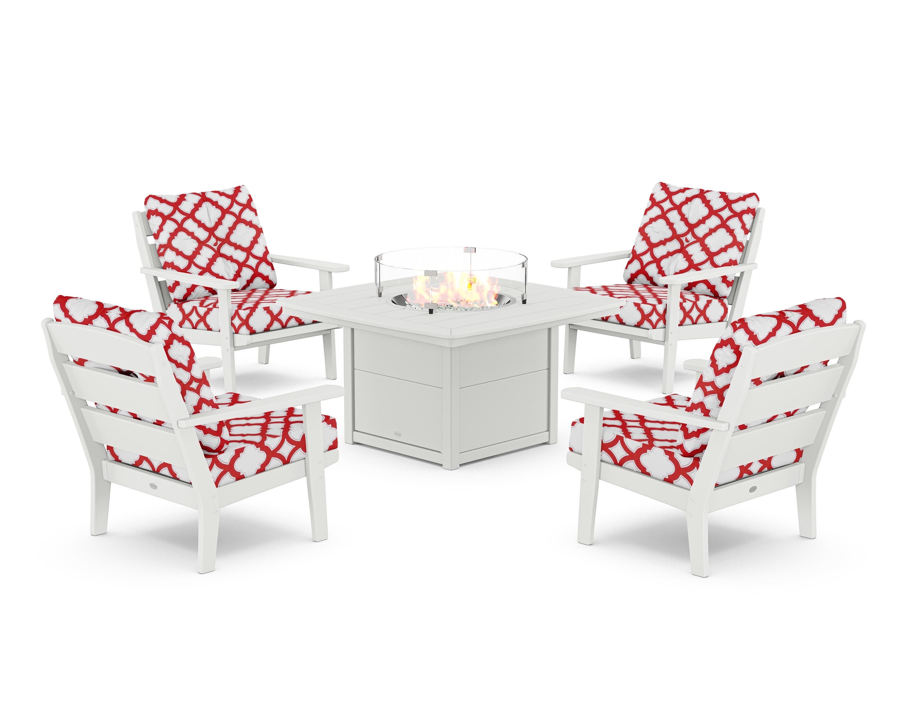 Lakeside 5-Piece Deep Seating Set with Nautical Fire Pit Table in White / Trellis Crimson