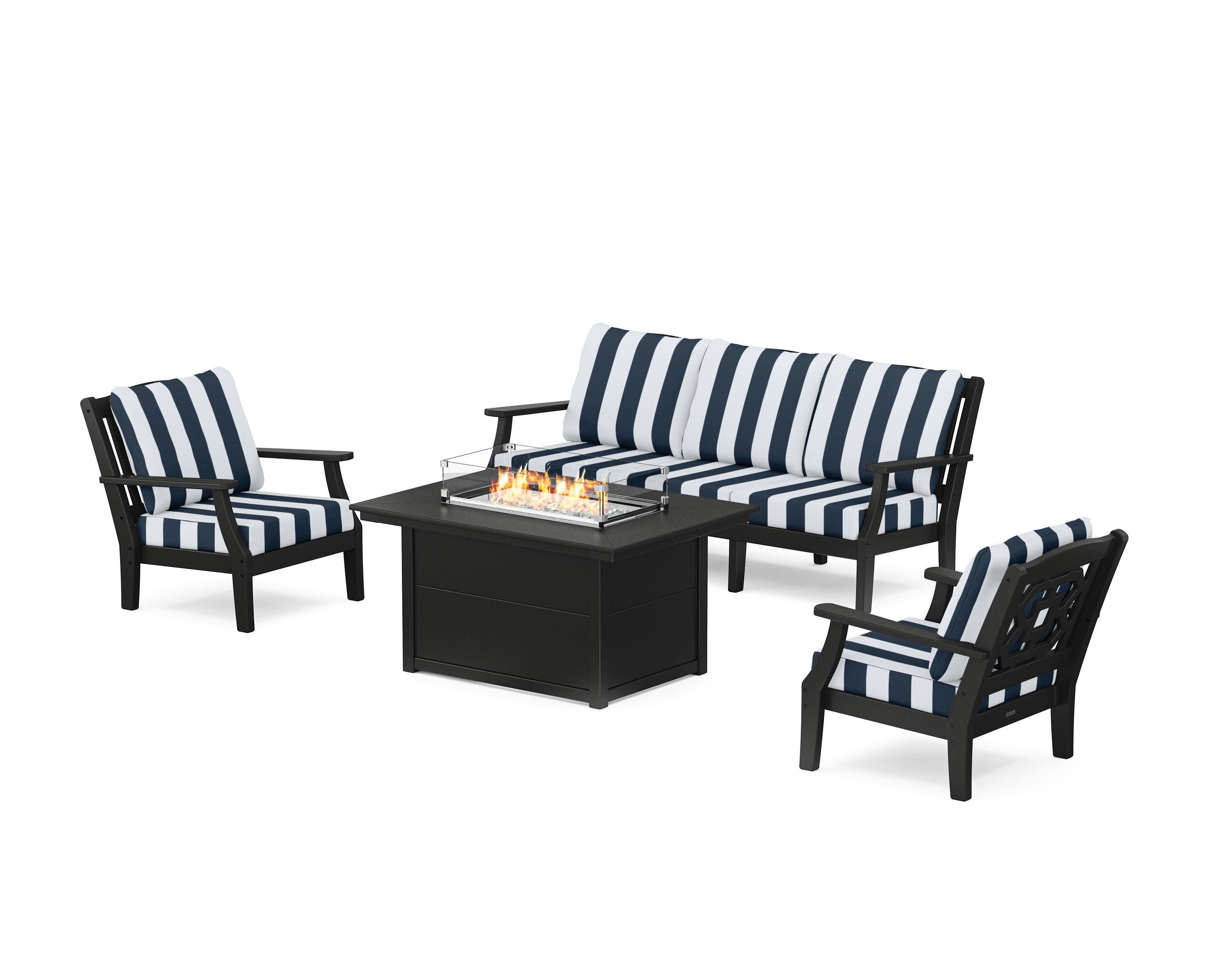Chinoiserie Deep Seating Fire Pit Table Set in Black / Cabana Stripe Marine Indigo
