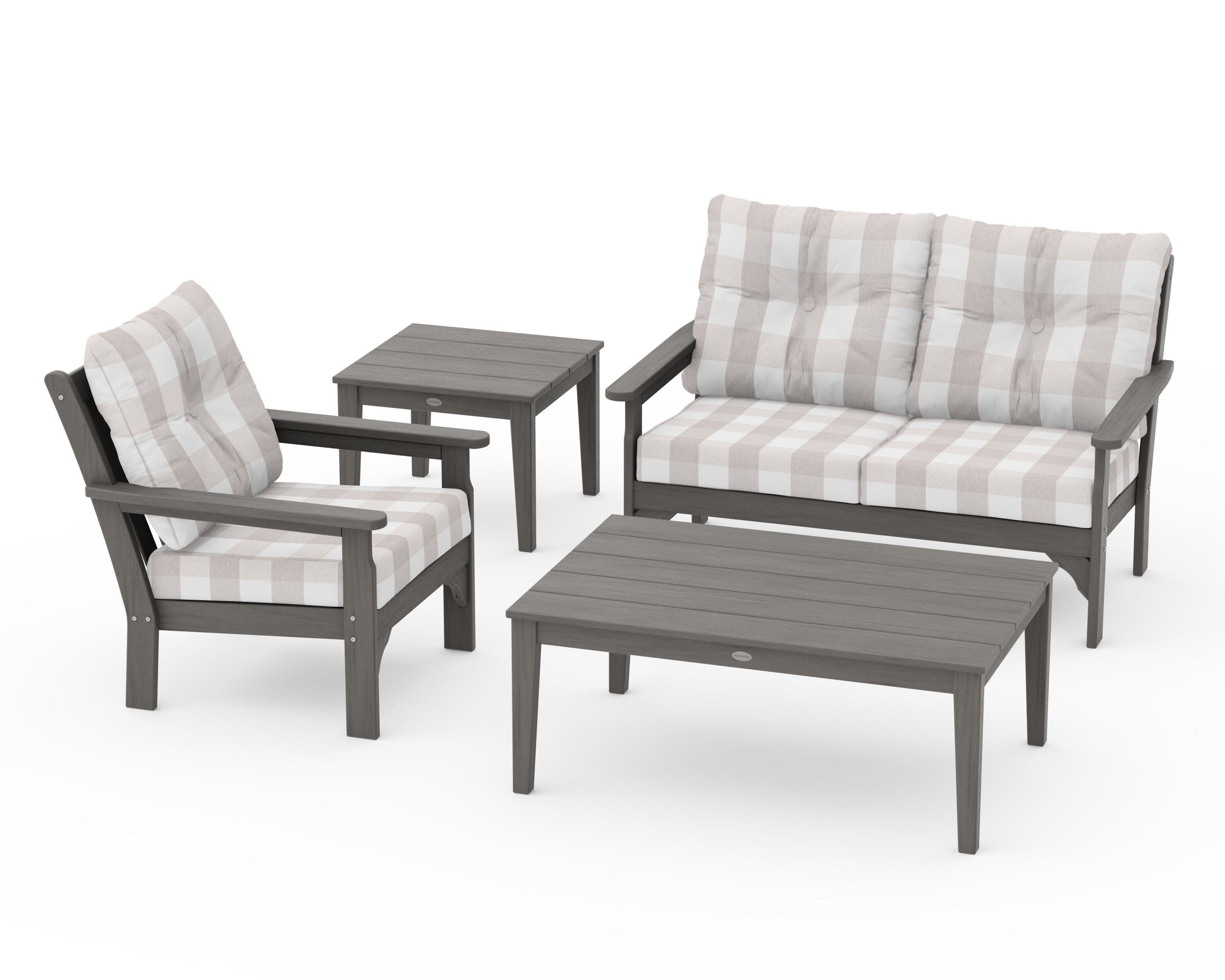 Vineyard 4-Piece Deep Seating Set in Driftwood / Buffalo Plaid Dune Burlap