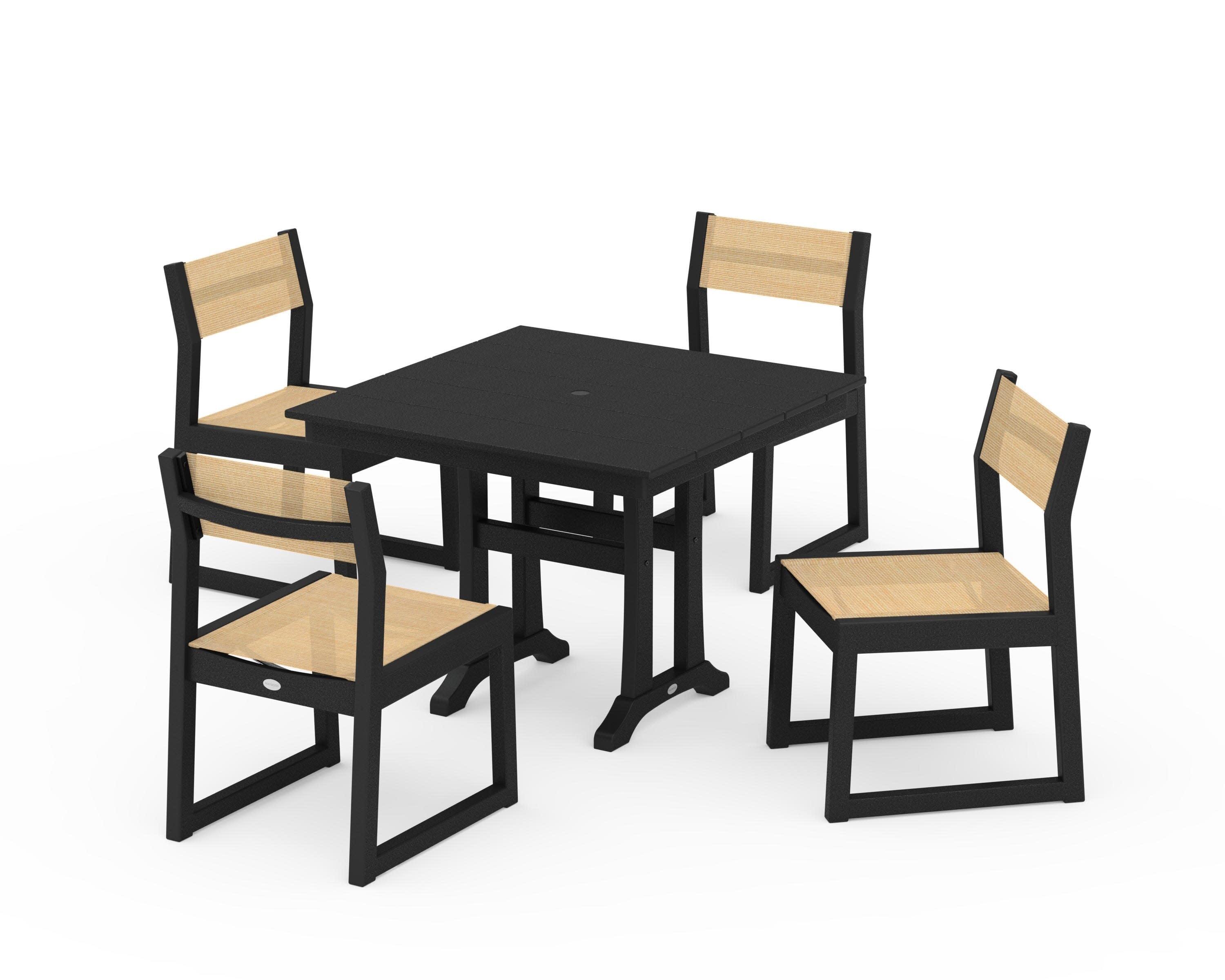 EDGE Sling 5-Piece Farmhouse Trestle Side Chair Dining Set in Black / Dupioni Apricot Sling