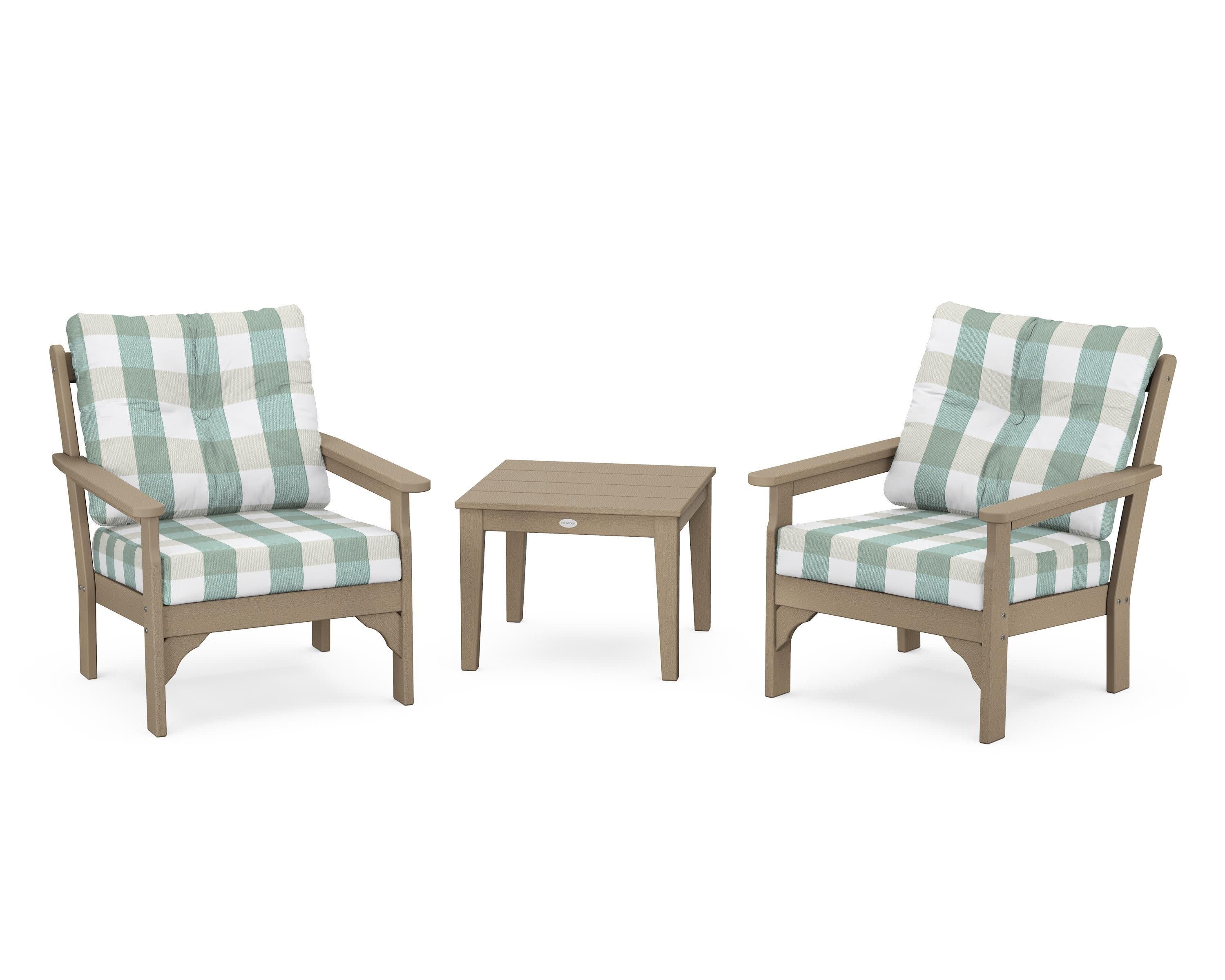Vineyard 3-Piece Deep Seating Set in Vintage Sahara / Buffalo Plaid Glacier Spa
