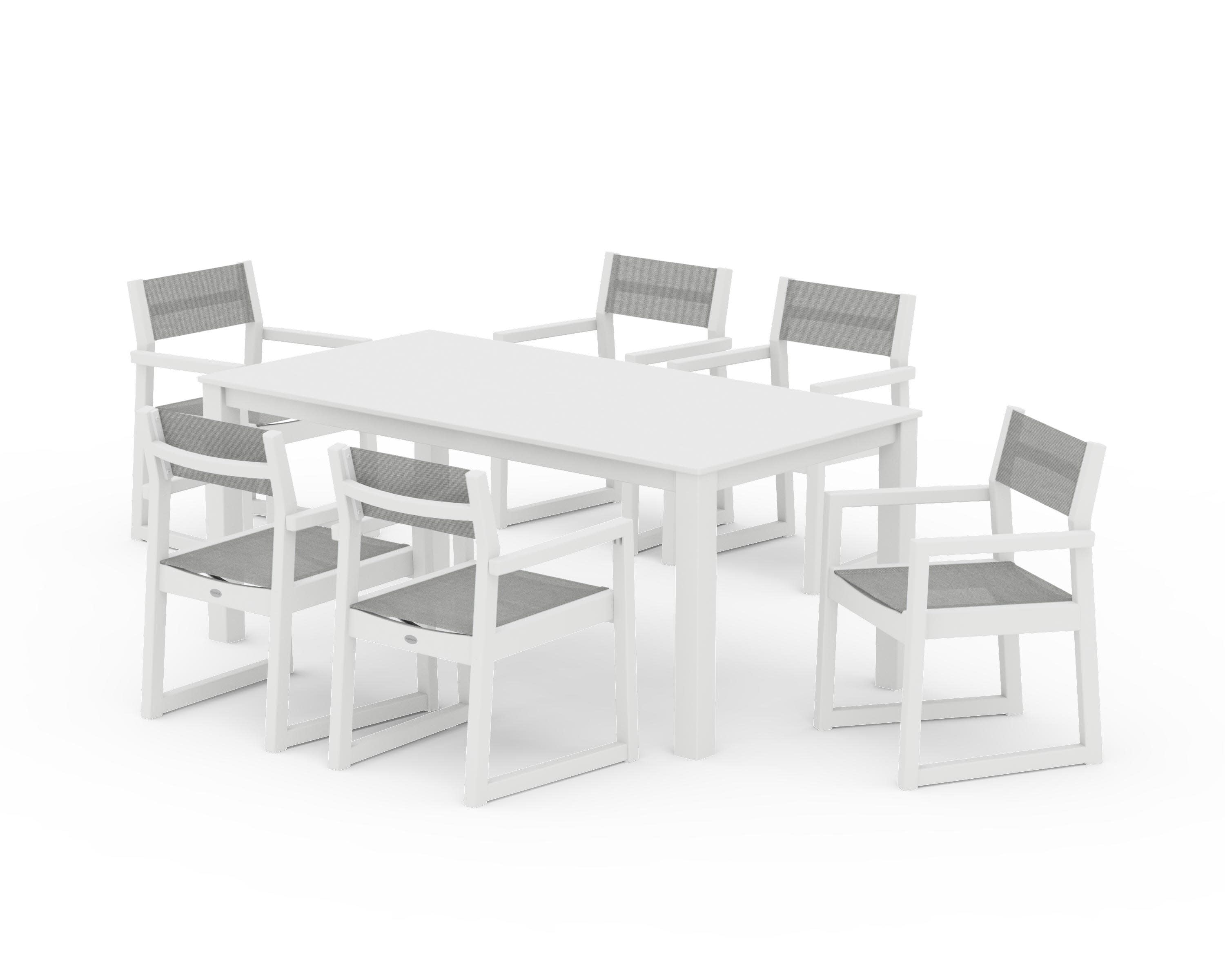 EDGE Sling Arm Chair 7-Piece Parsons Dining Set in White / Metallic Sling