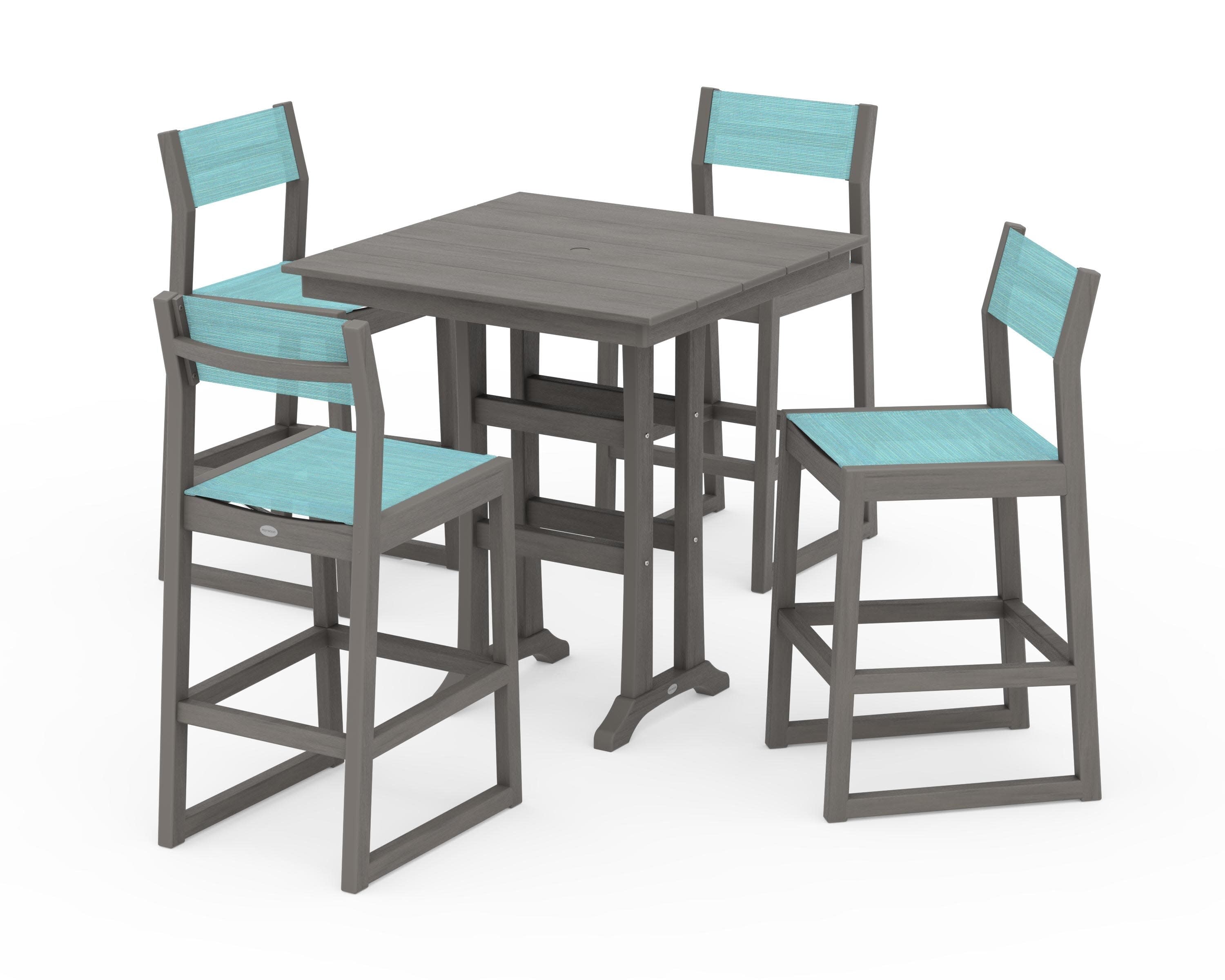 EDGE Sling Arm Chair 5-Piece Farmhouse Bar Set with Trestle Legs in Driftwood / Dupioni Aquamarine Sling