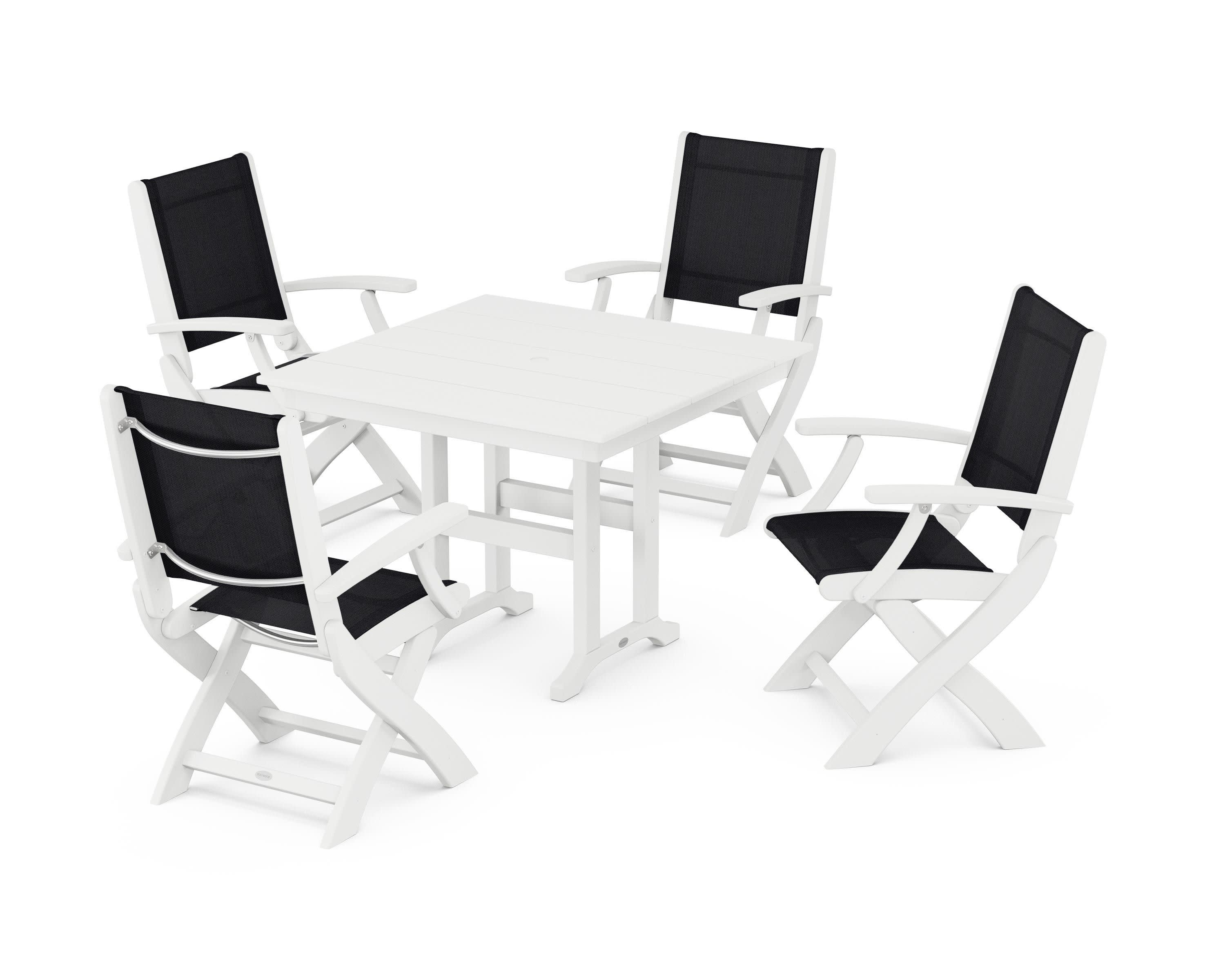 Coastal Folding Chair 5-Piece Farmhouse Dining Set in White / Black Sling