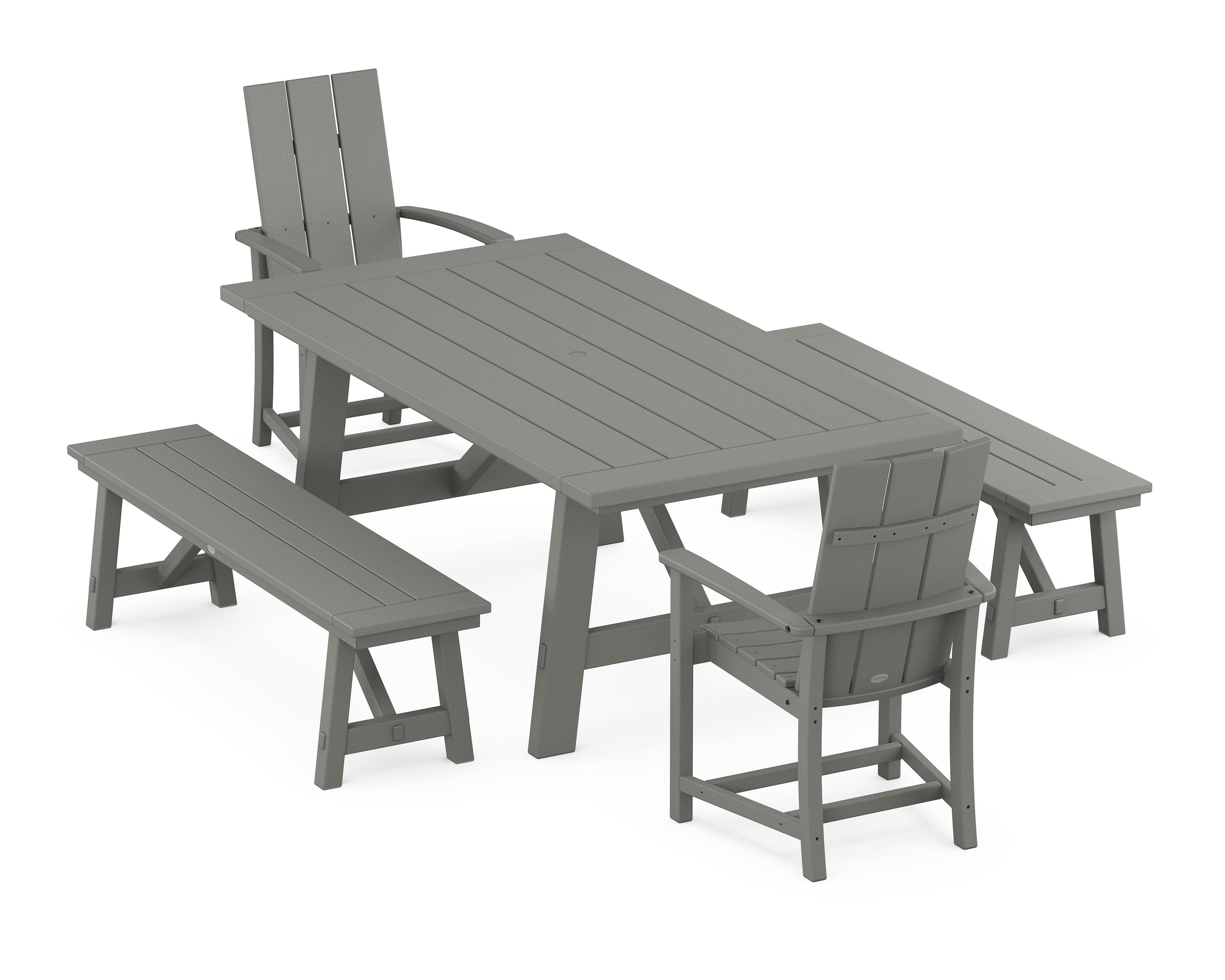 Modern Adirondack 5-Piece Rustic Farmhouse Dining Set With Benches in Slate Grey