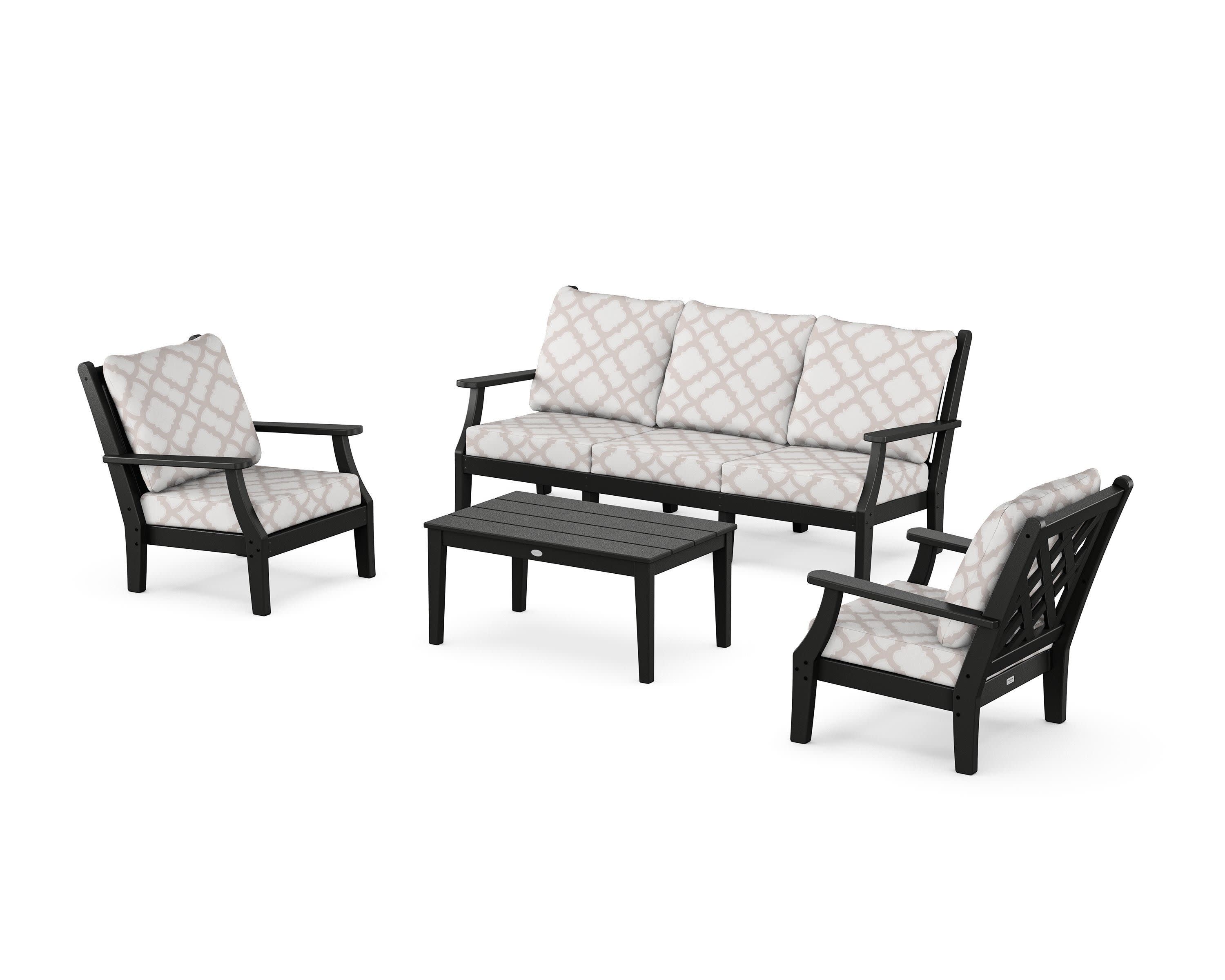 Wovendale 4-Piece Deep Seating Set with Sofa in Black / Trellis Dune Burlap