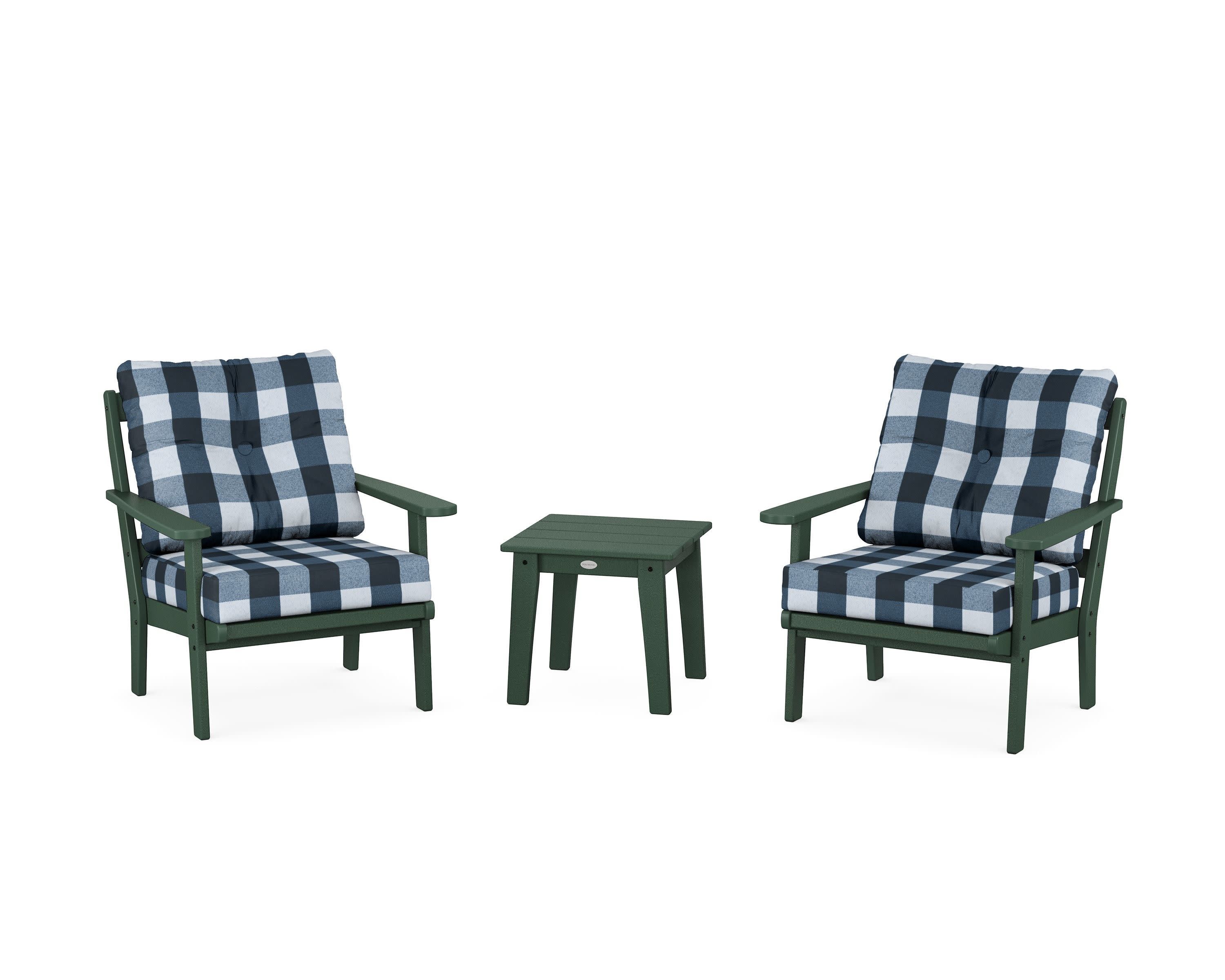 Mission 3-Piece Deep Seating Set in Green / Buffalo Plaid Marine Indigo