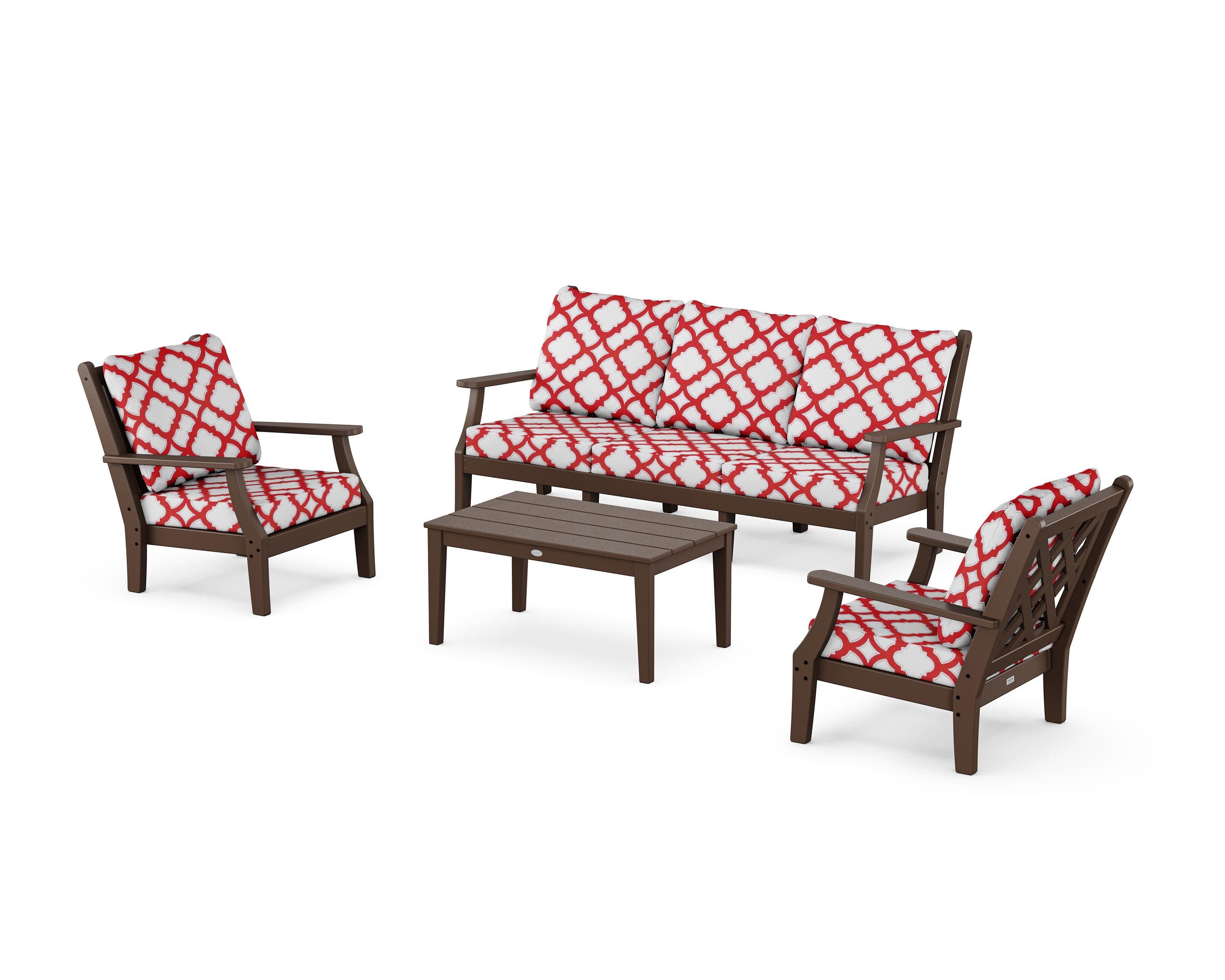 Wovendale 4-Piece Deep Seating Set with Sofa in Mahogany / Trellis Crimson