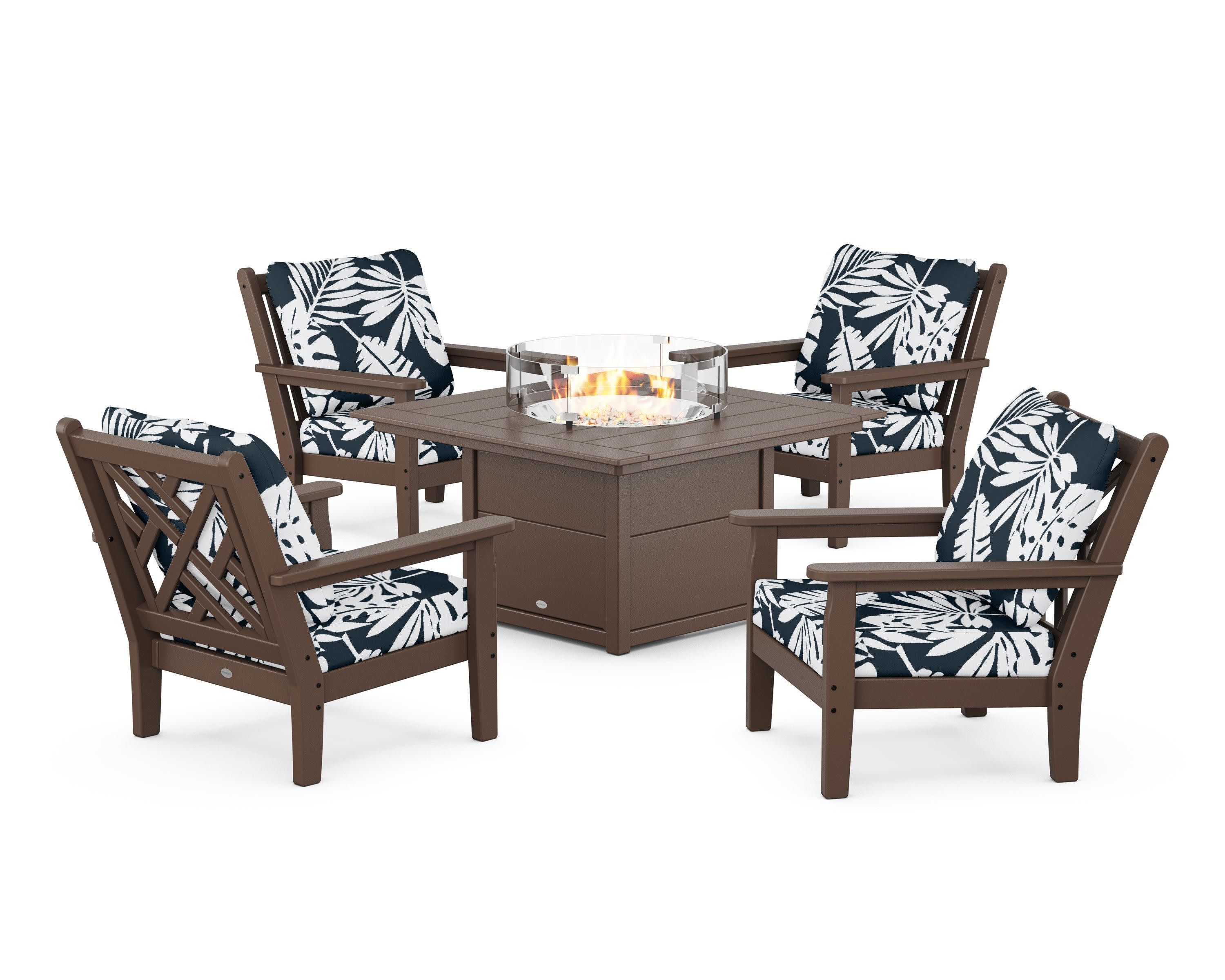 Chippendale 5-Piece Deep Seating Set with Fire Pit Table in Mahogany / Leaf Marine Indigo