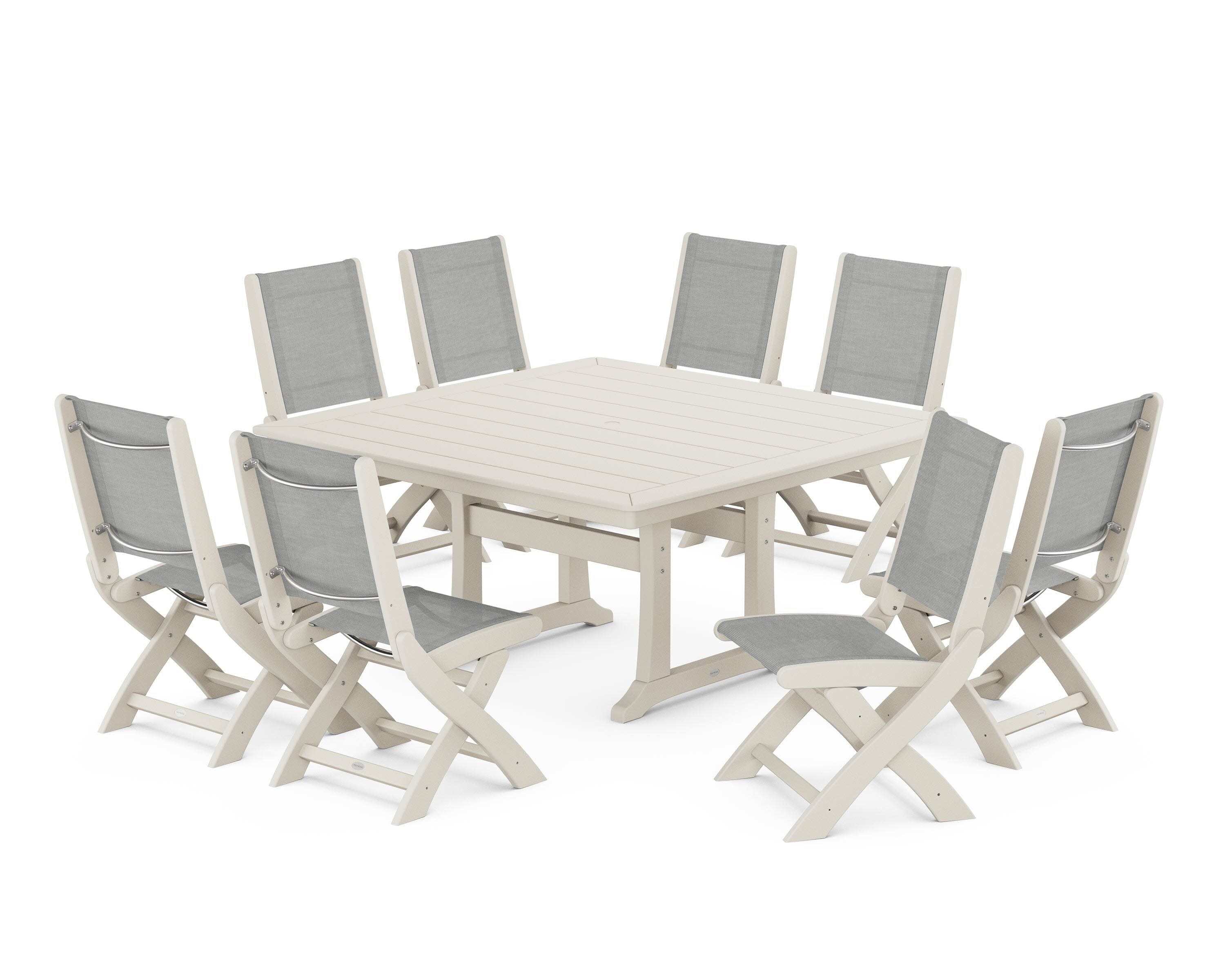 Coastal Folding Side Chair 9-Piece Dining Set with Trestle Legs in Sand / Metallic Sling