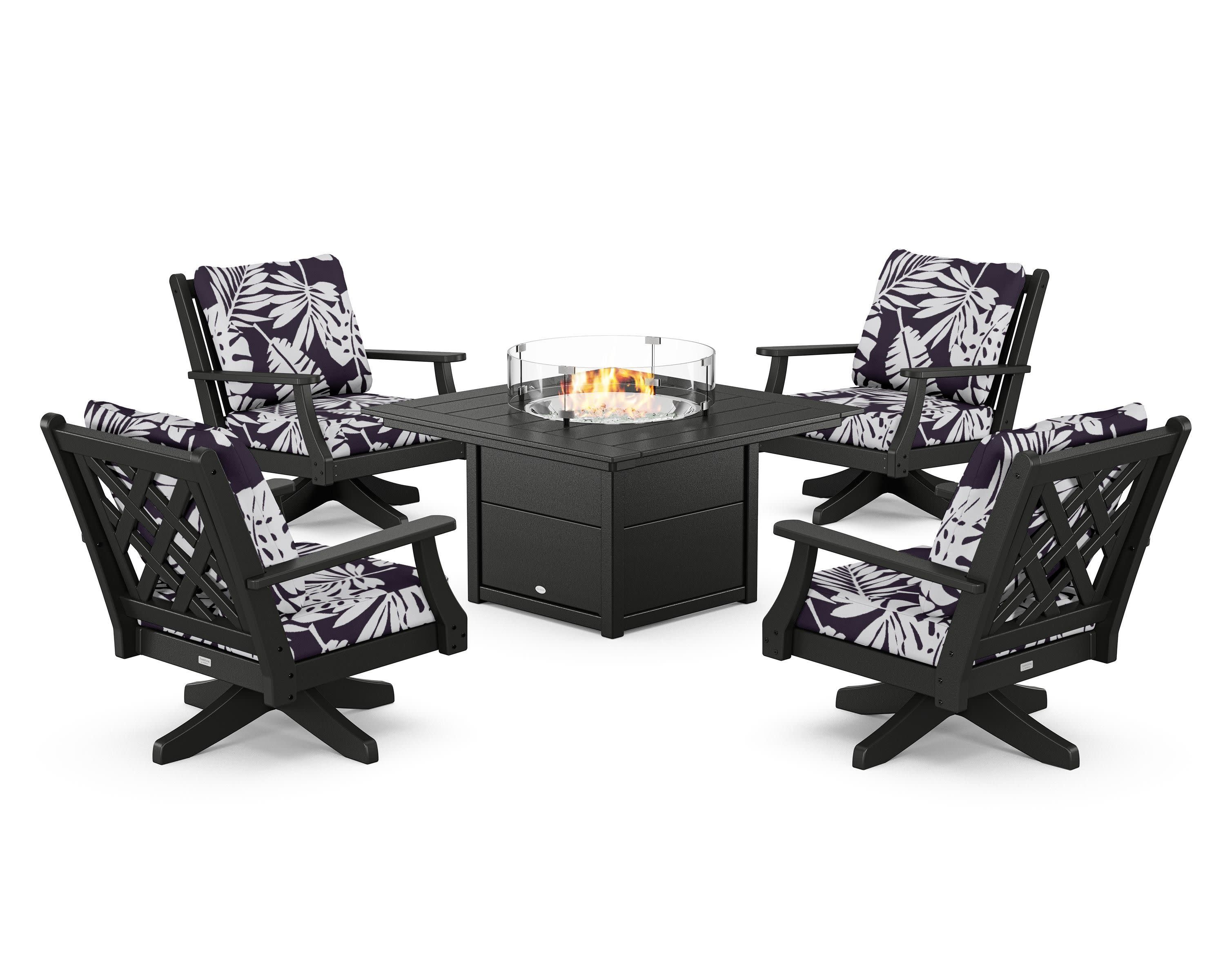 Wovendale 5-Piece Deep Seating Swivel Conversation Set with Fire Pit Table in Black / Leaf Navy