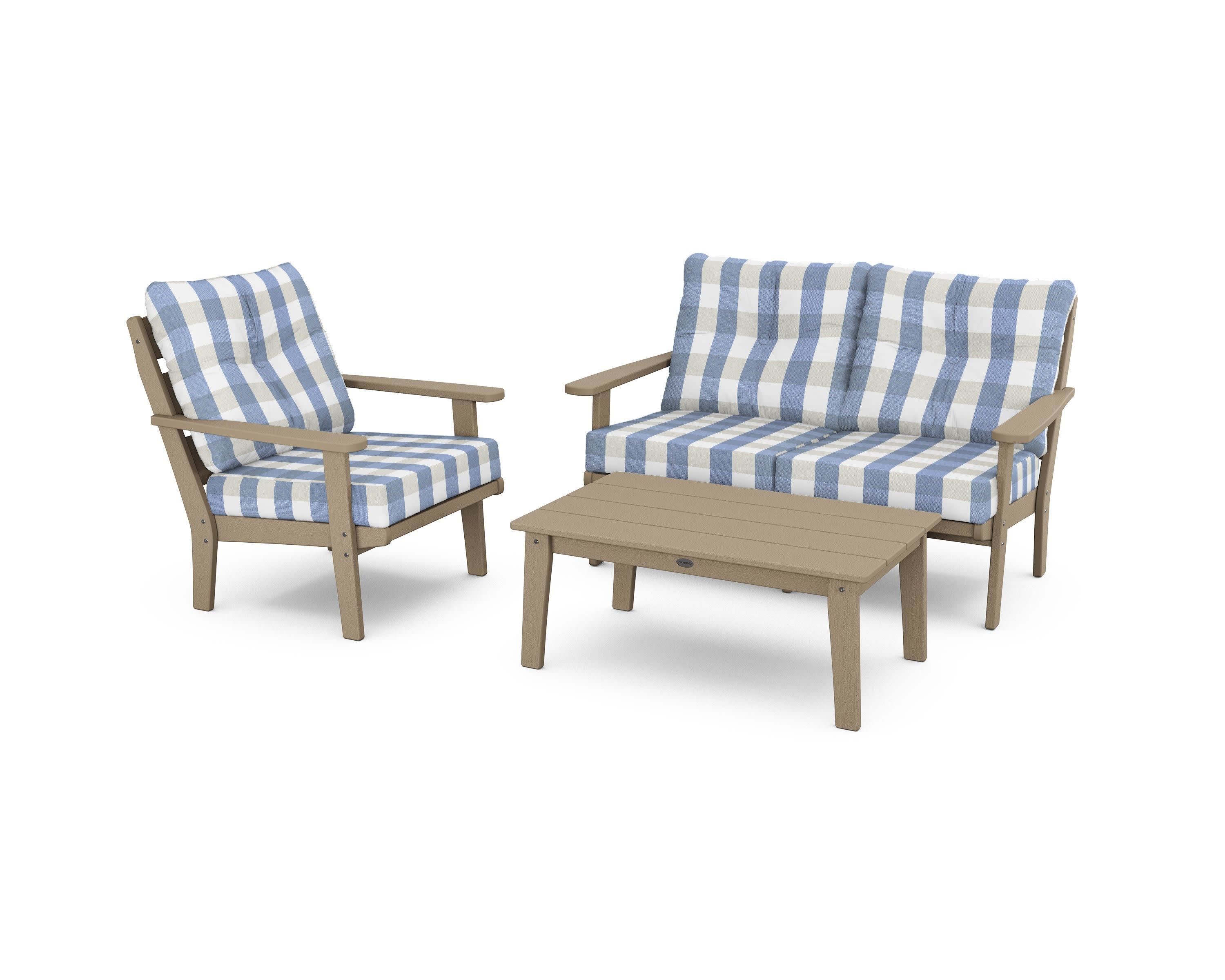Lakeside 3-Piece Deep Seating Set in Vintage Sahara / Buffalo Plaid Sky Blue