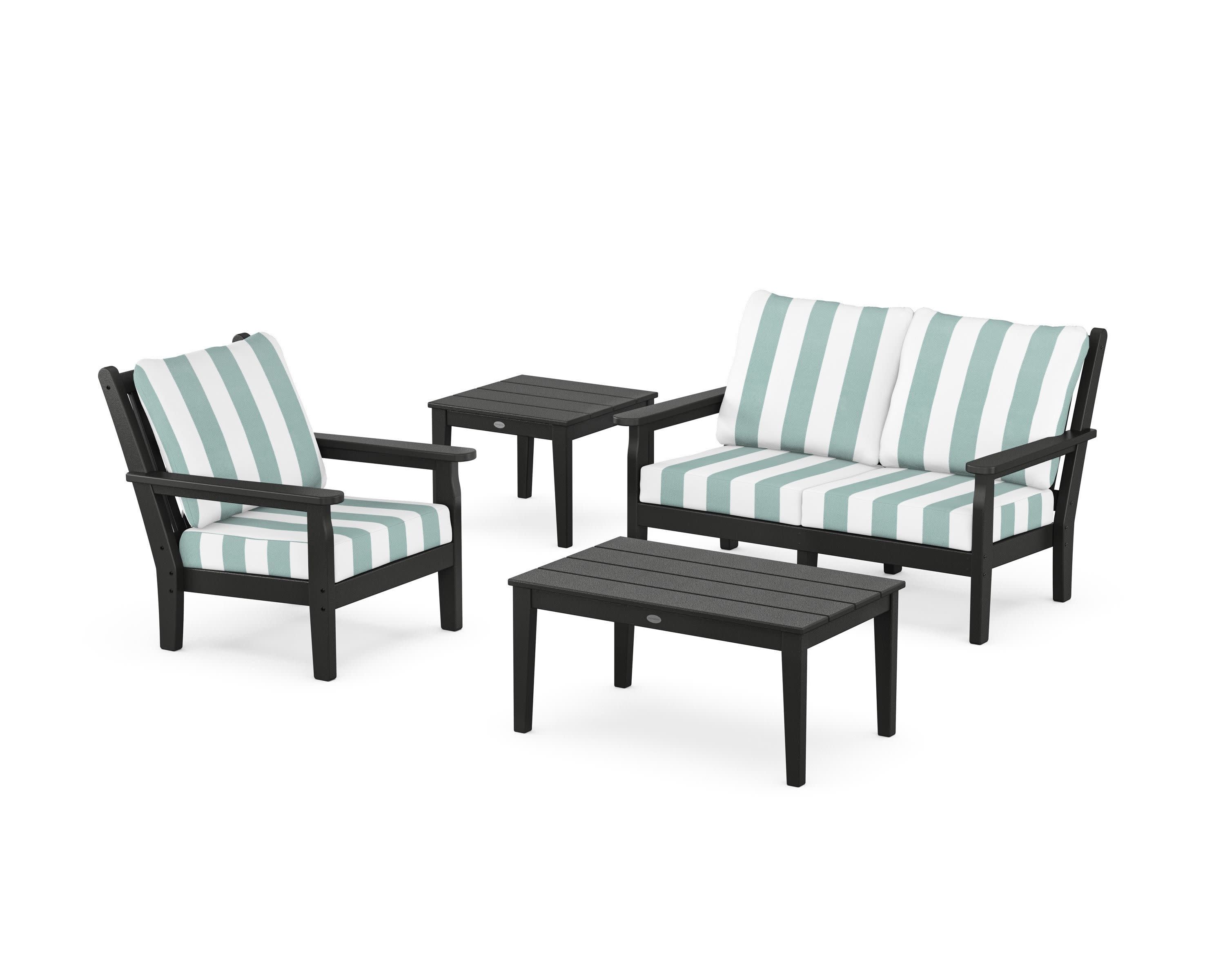Chippendale 4-Piece Deep Seating Set in Black / Cabana Stripe Glacier Spa
