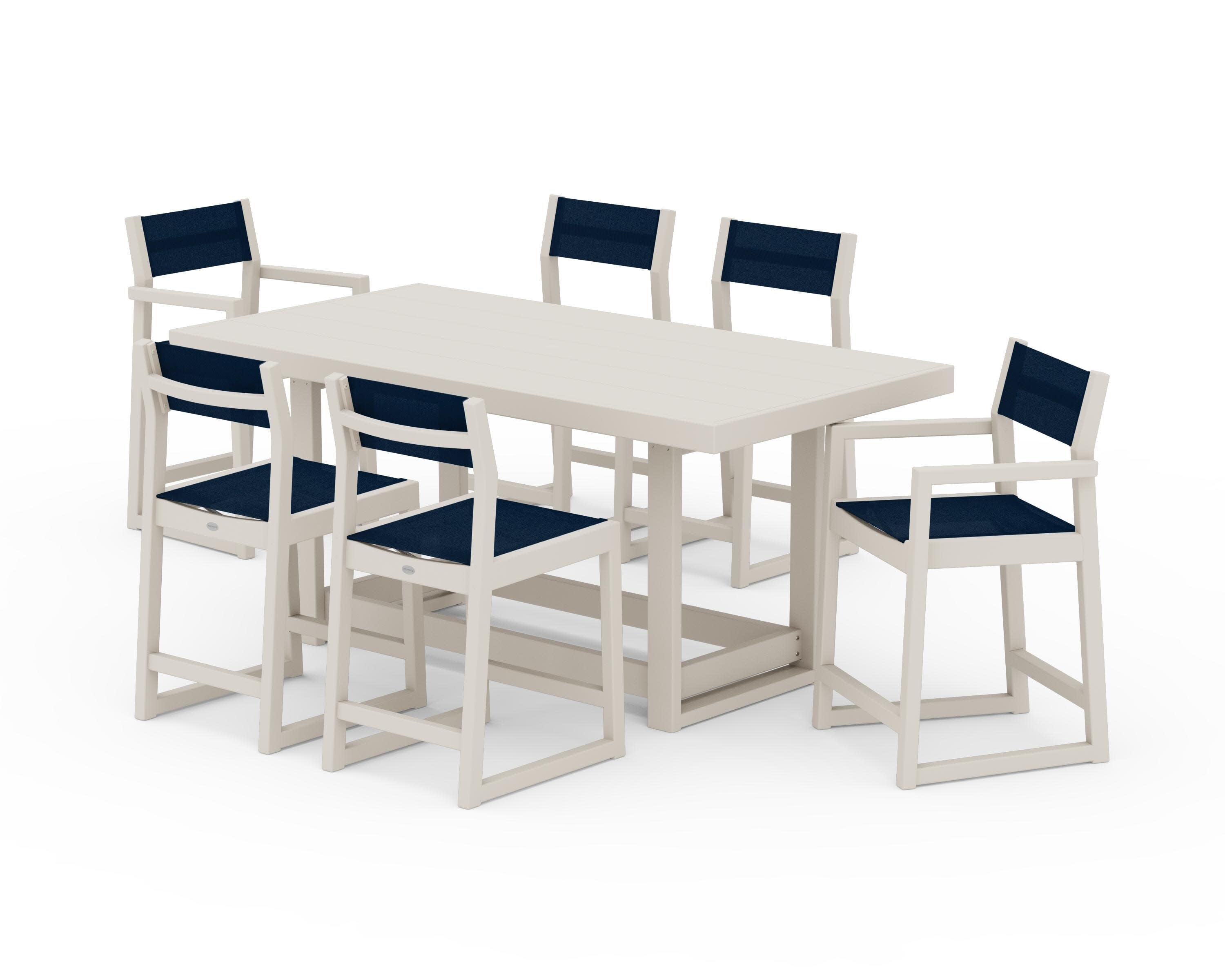 EDGE Sling 7-Piece Counter Table Set in Sand / Navy Blue Sling