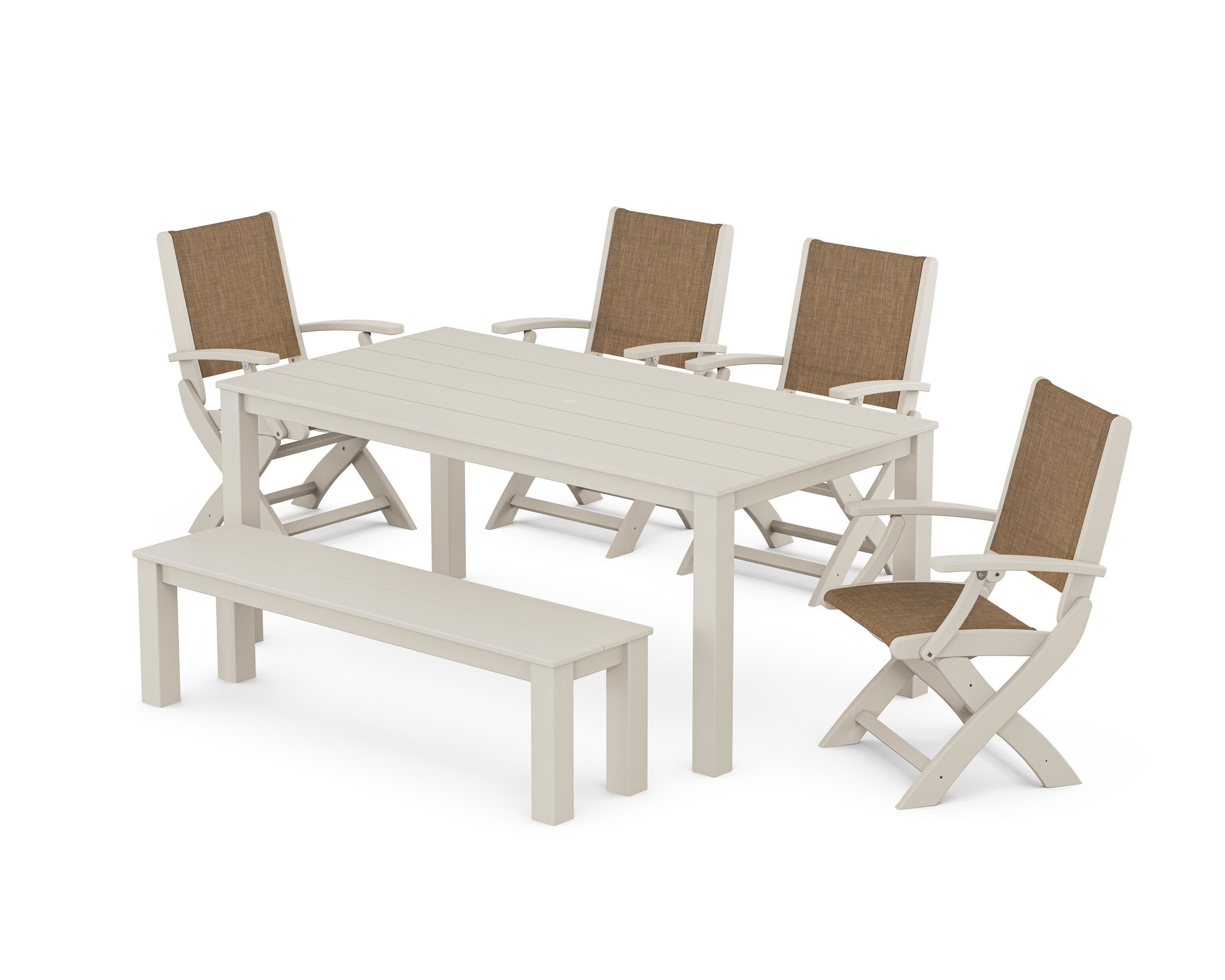 Coastal Folding Chair 6-Piece Parsons Dining Set with Bench in Sand / Burlap Sling