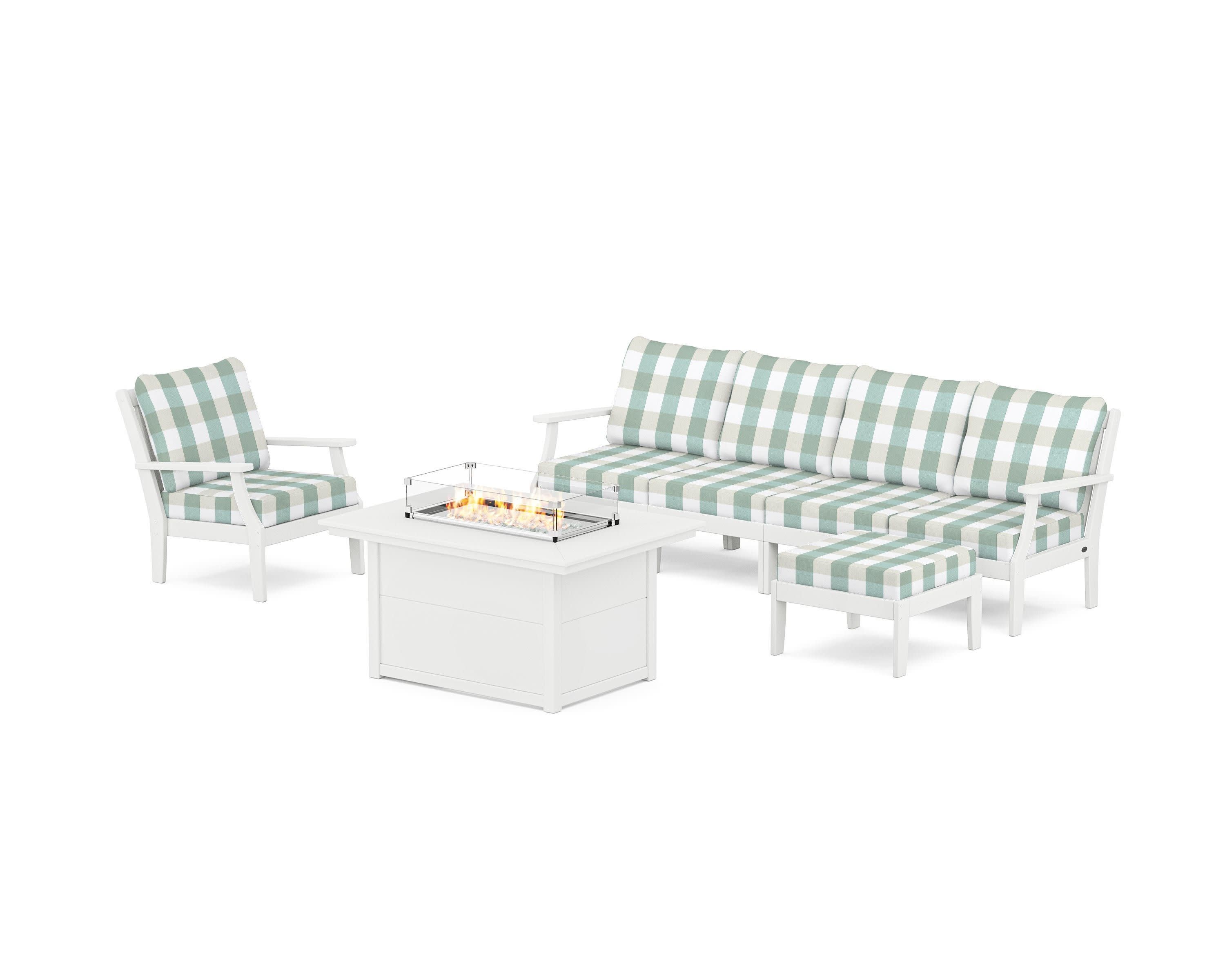 Braxton Sectional Lounge and Fire Pit Set in White / Buffalo Plaid Glacier Spa