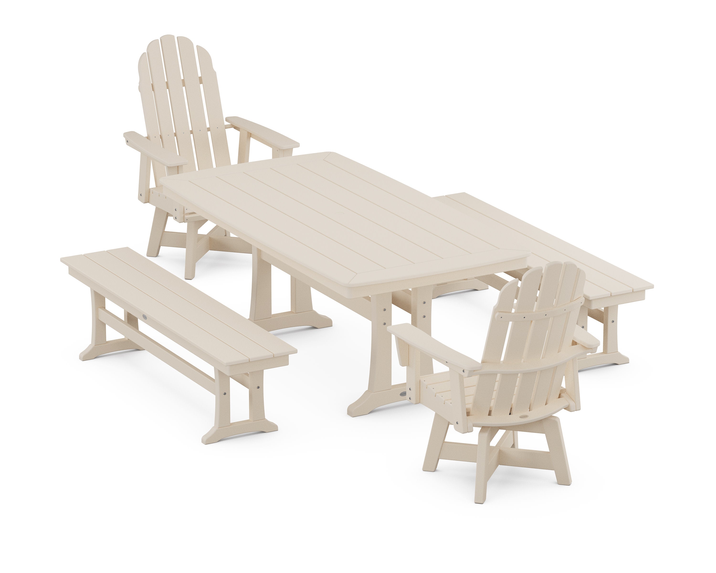 Vineyard Adirondack Swivel Chair 5-Piece Dining Set with Trestle Legs and Benches in Sand