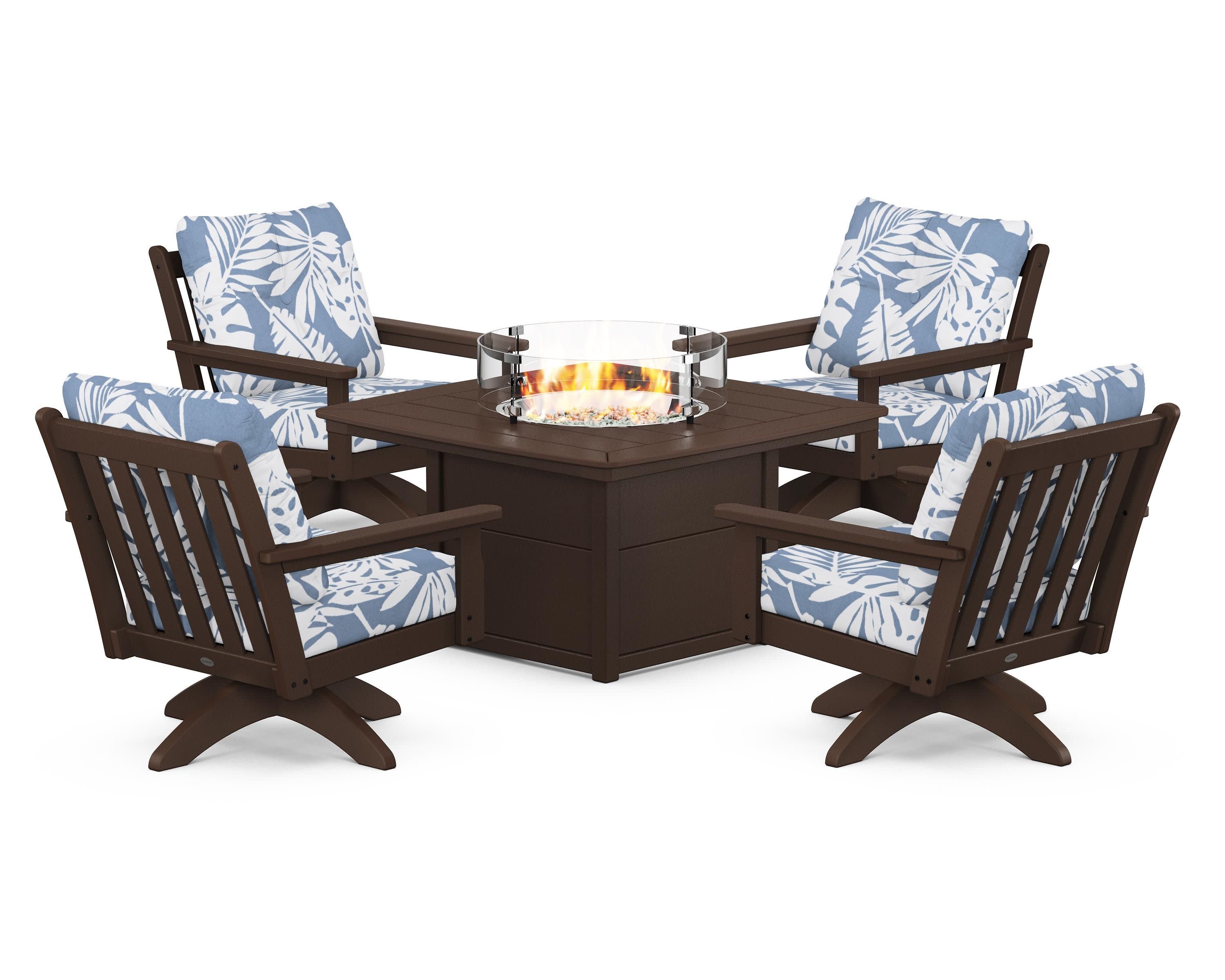 Vineyard 5-Piece Deep Seating Swivel Conversation Set with Fire Pit Table in Mahogany / Leaf Sky Blue