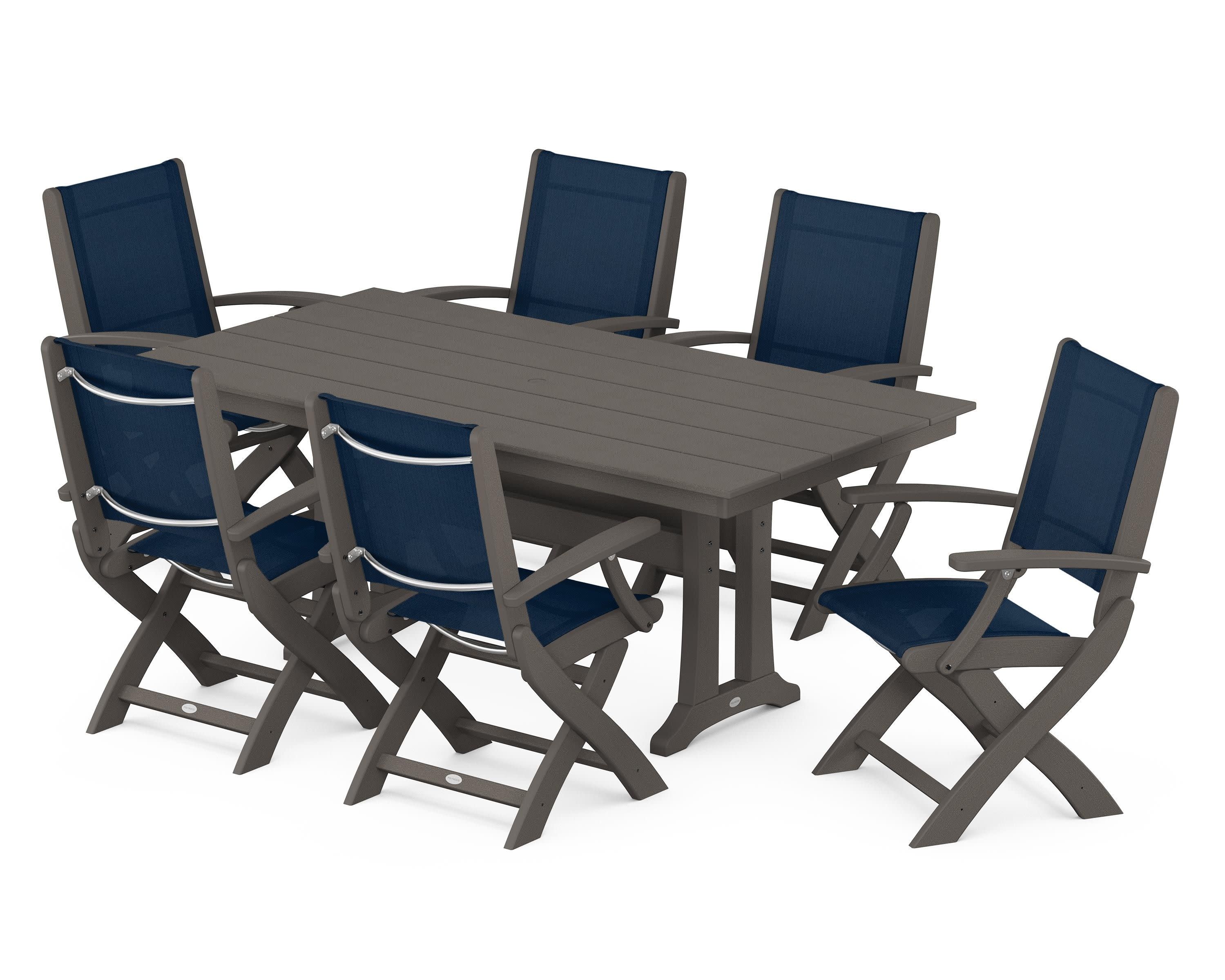 Coastal Folding Arm Chair 7-Piece Farmhouse Dining Set with Trestle Legs in Vintage Coffee / Navy Blue Sling