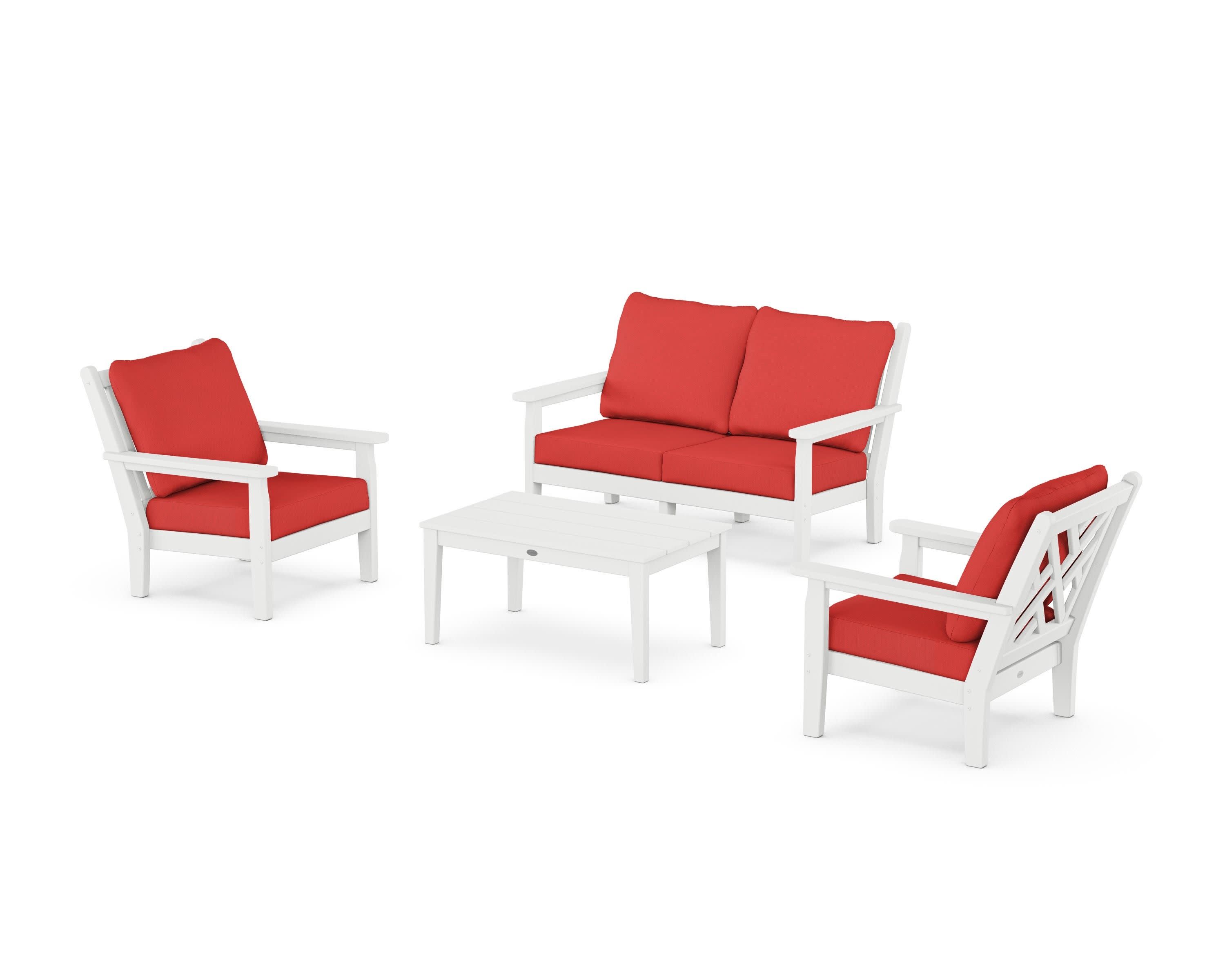 Chippendale 4-Piece Deep Seating Set with Loveseat in White / Crimson Linen