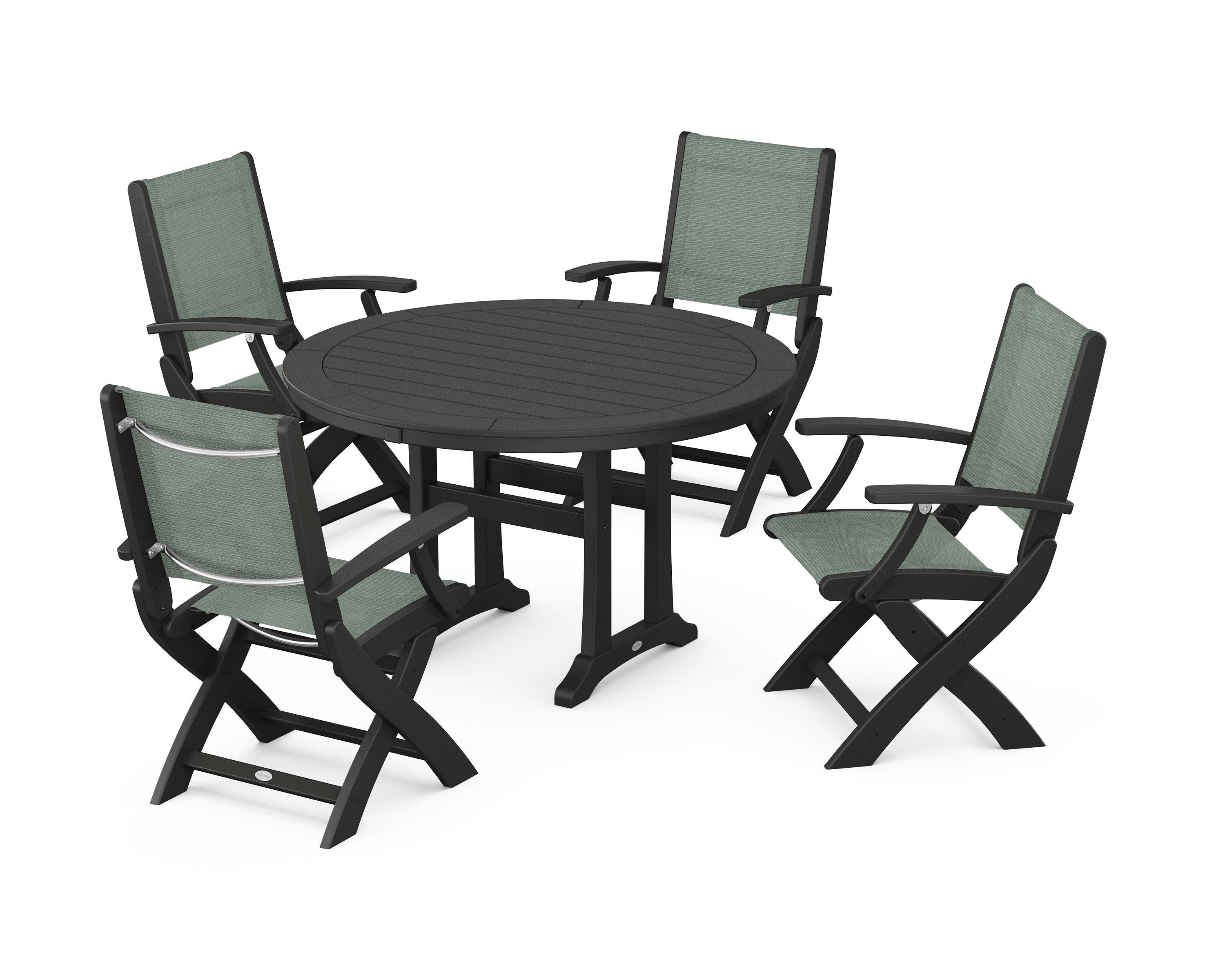 Coastal Folding Chair 5-Piece Round Dining Set with Trestle Legs in Black / Dupioni Sea Mist Sling