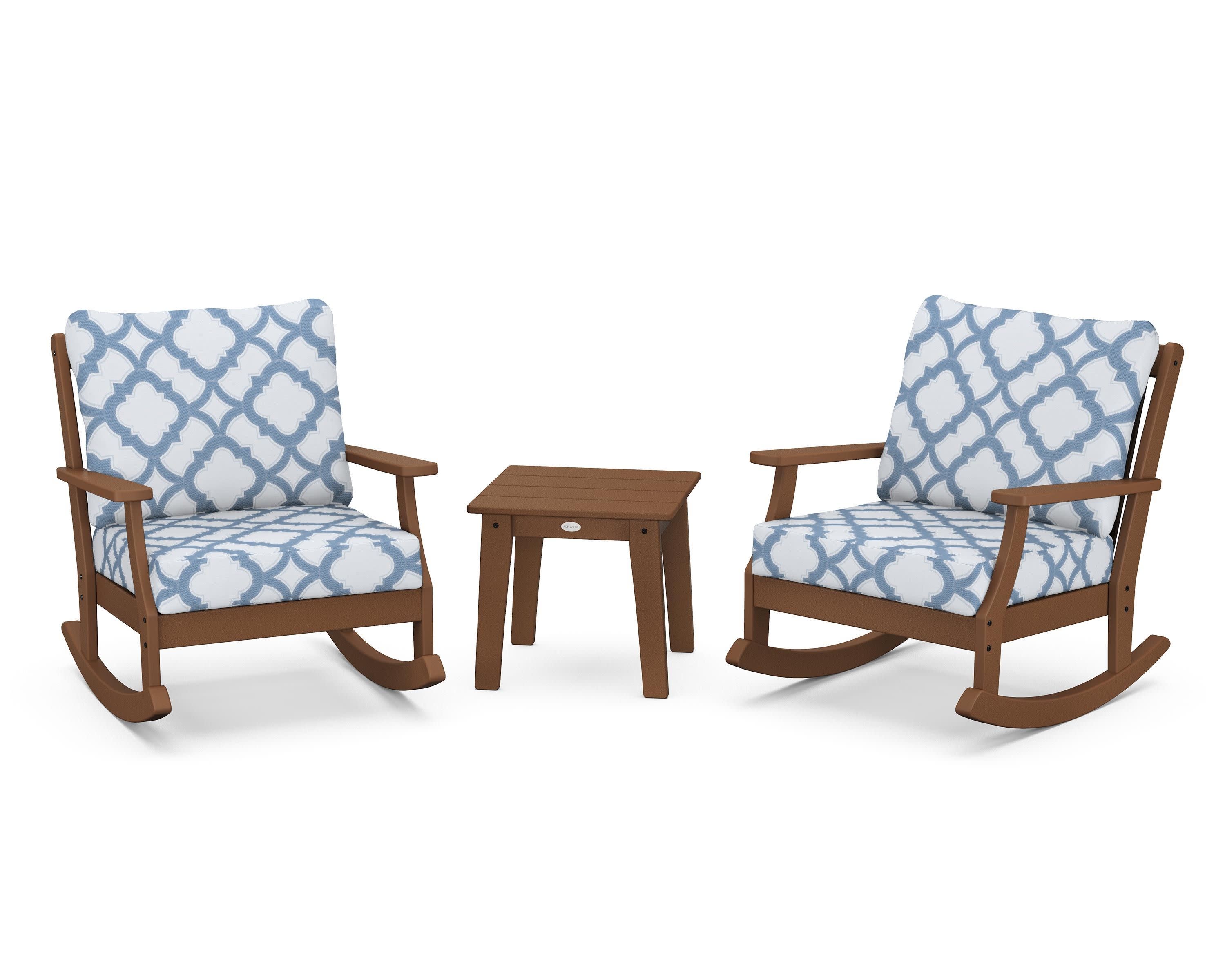 Braxton 3-Piece Deep Seating Rocker Set in Teak / Trellis Sky Blue