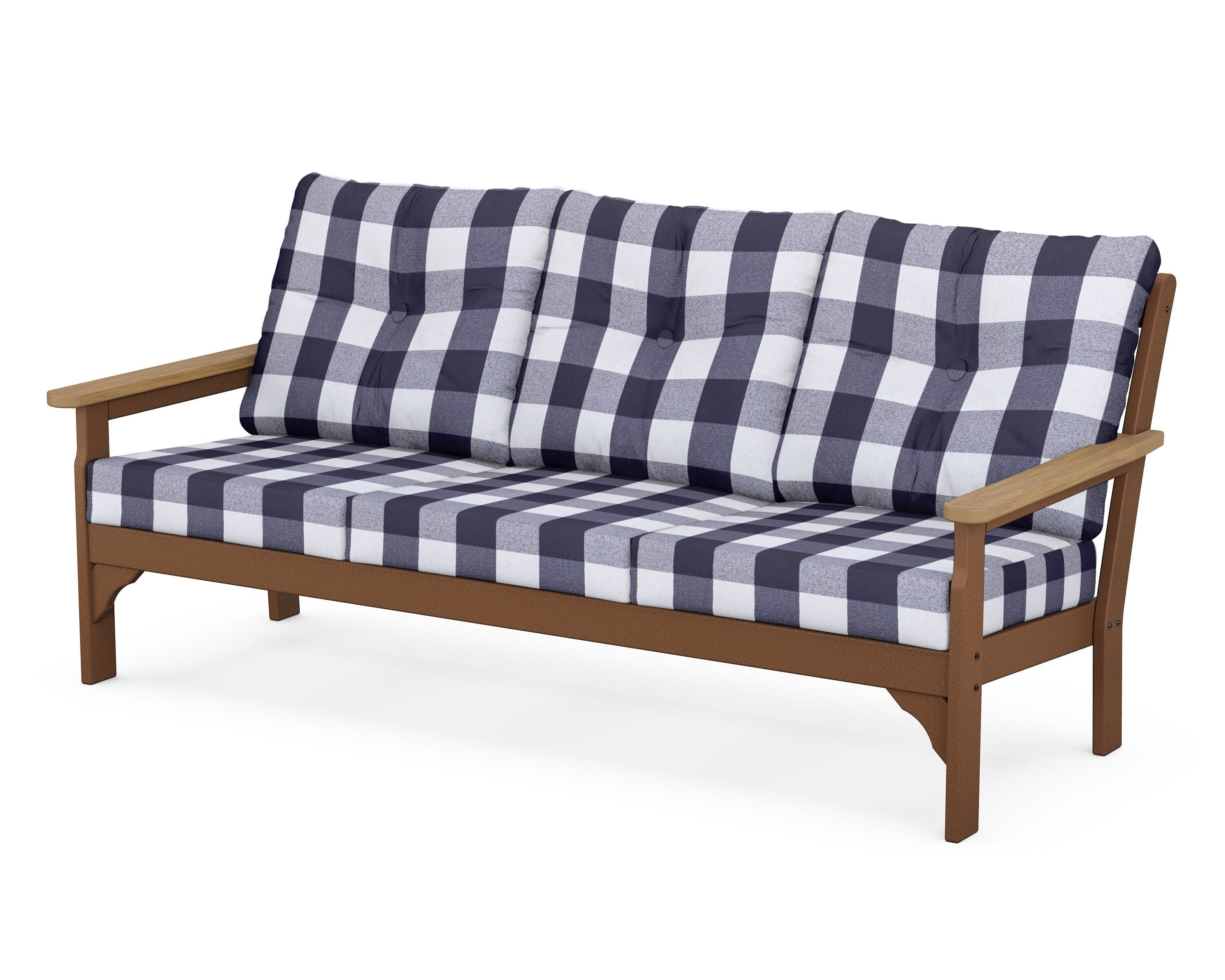 Vineyard Deep Seating Sofa in Teak / Natural / Buffalo Plaid Navy