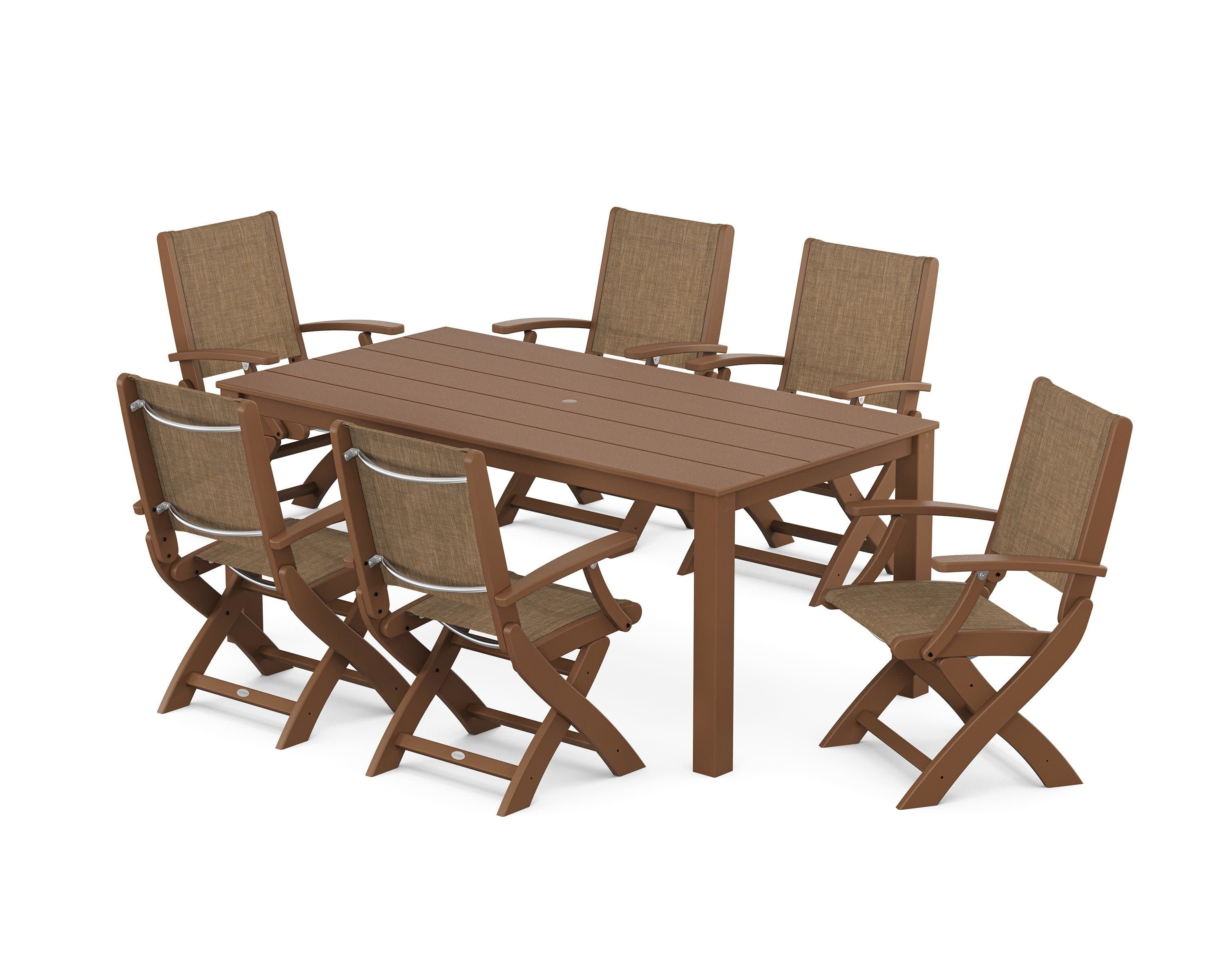 Coastal Folding Chair 7-Piece Parsons Dining Set in Teak / Burlap Sling