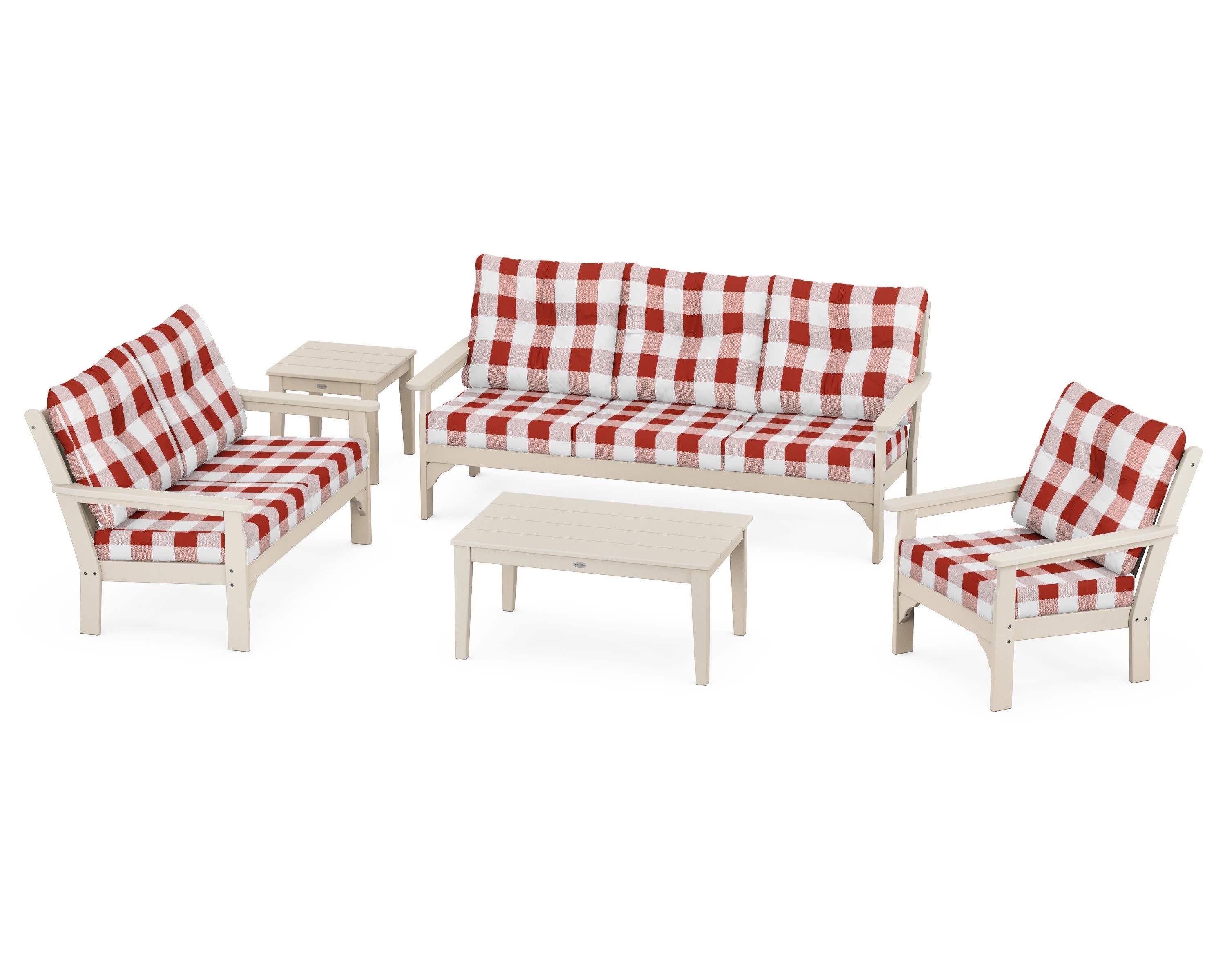 Vineyard 5 Piece Deep Seating Set in Sand / Buffalo Plaid Crimson