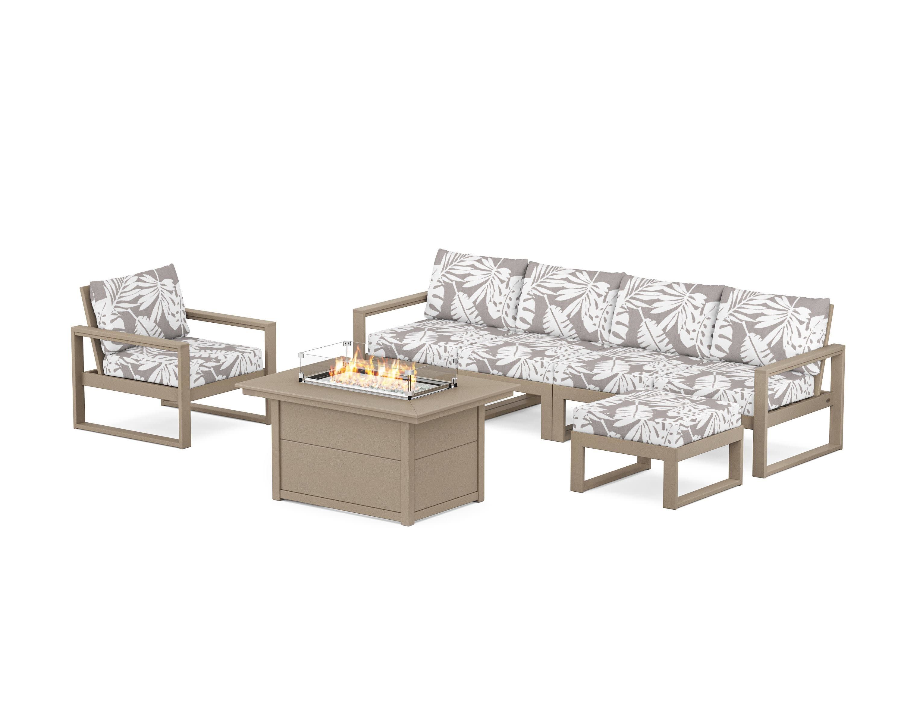 EDGE Sectional Lounge and Fire Pit Set in Vintage Sahara / Leaf Grey Mist