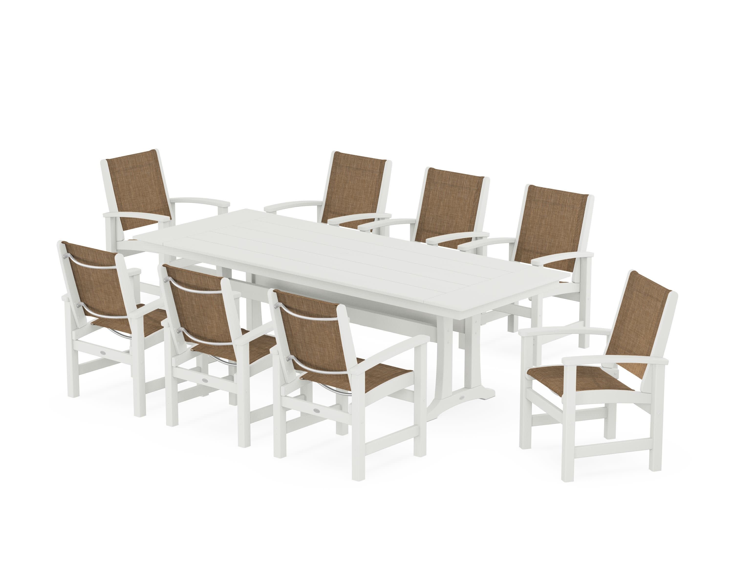 Coastal 9-Piece Farmhouse Dining Set with Trestle Legs in Vintage White / Burlap Sling