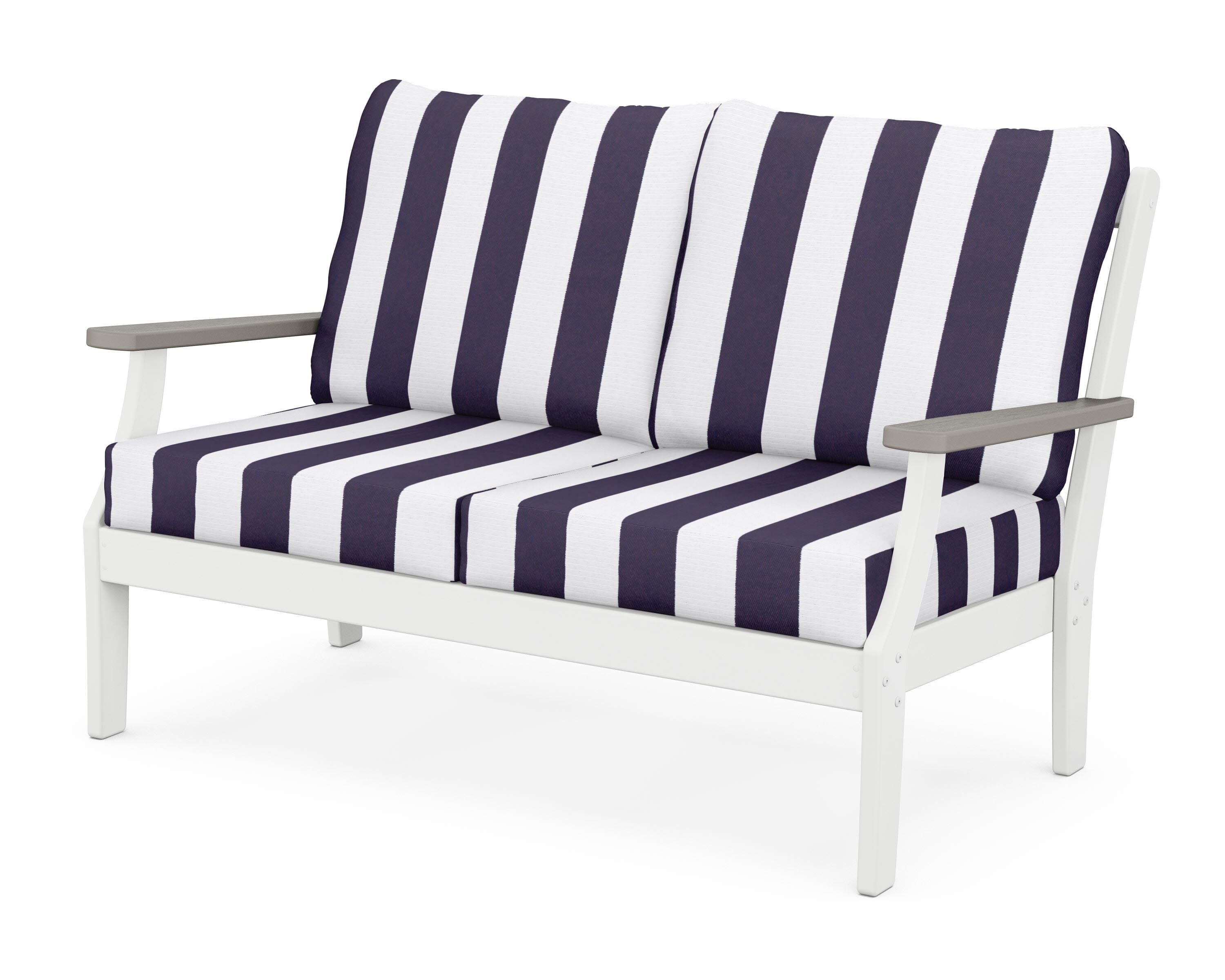 Braxton Deep Seating Loveseat in White / Driftwood / Cabana Stripe Navy