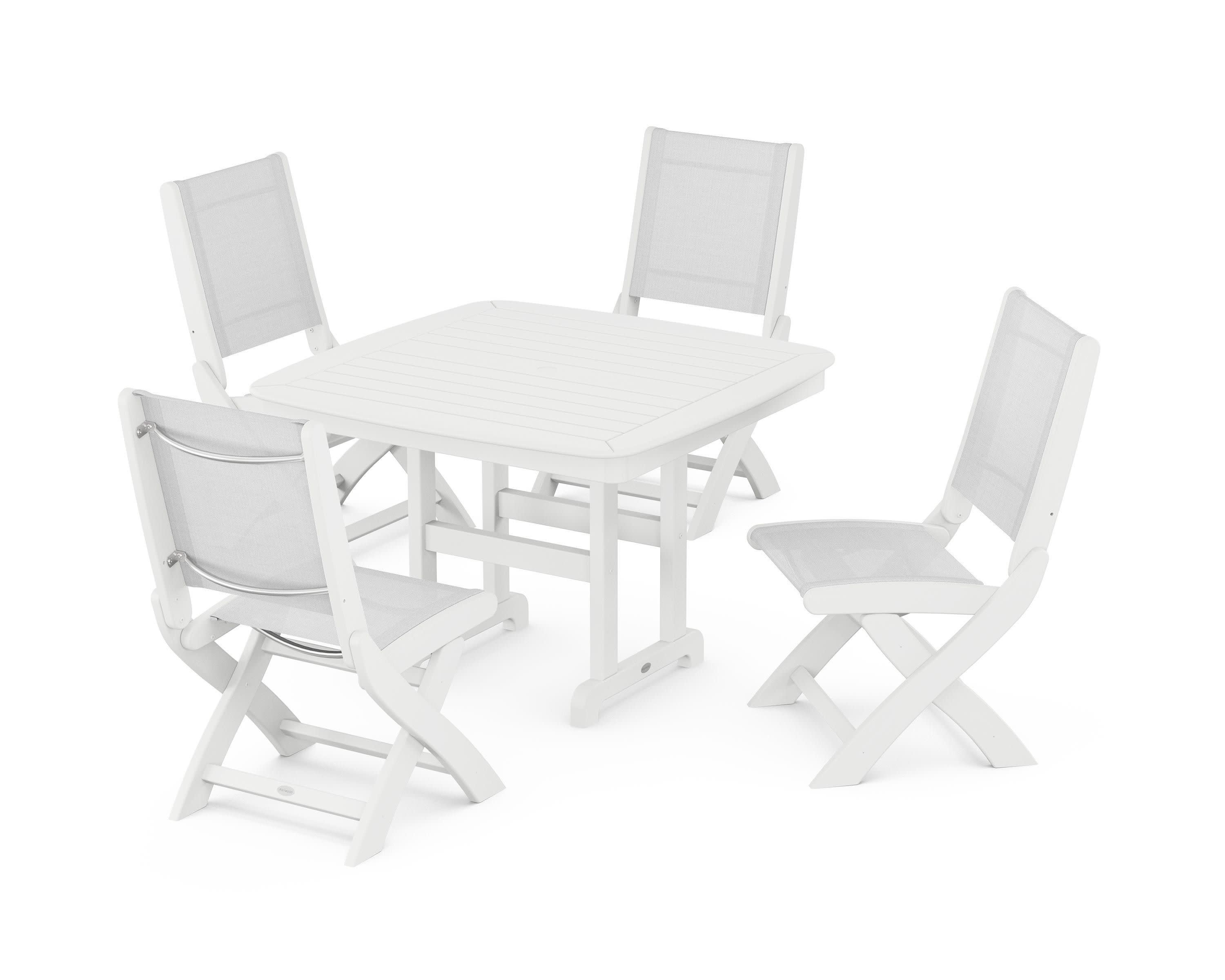 Coastal Folding Side Chair 5-Piece Dining Set in White / White Sling