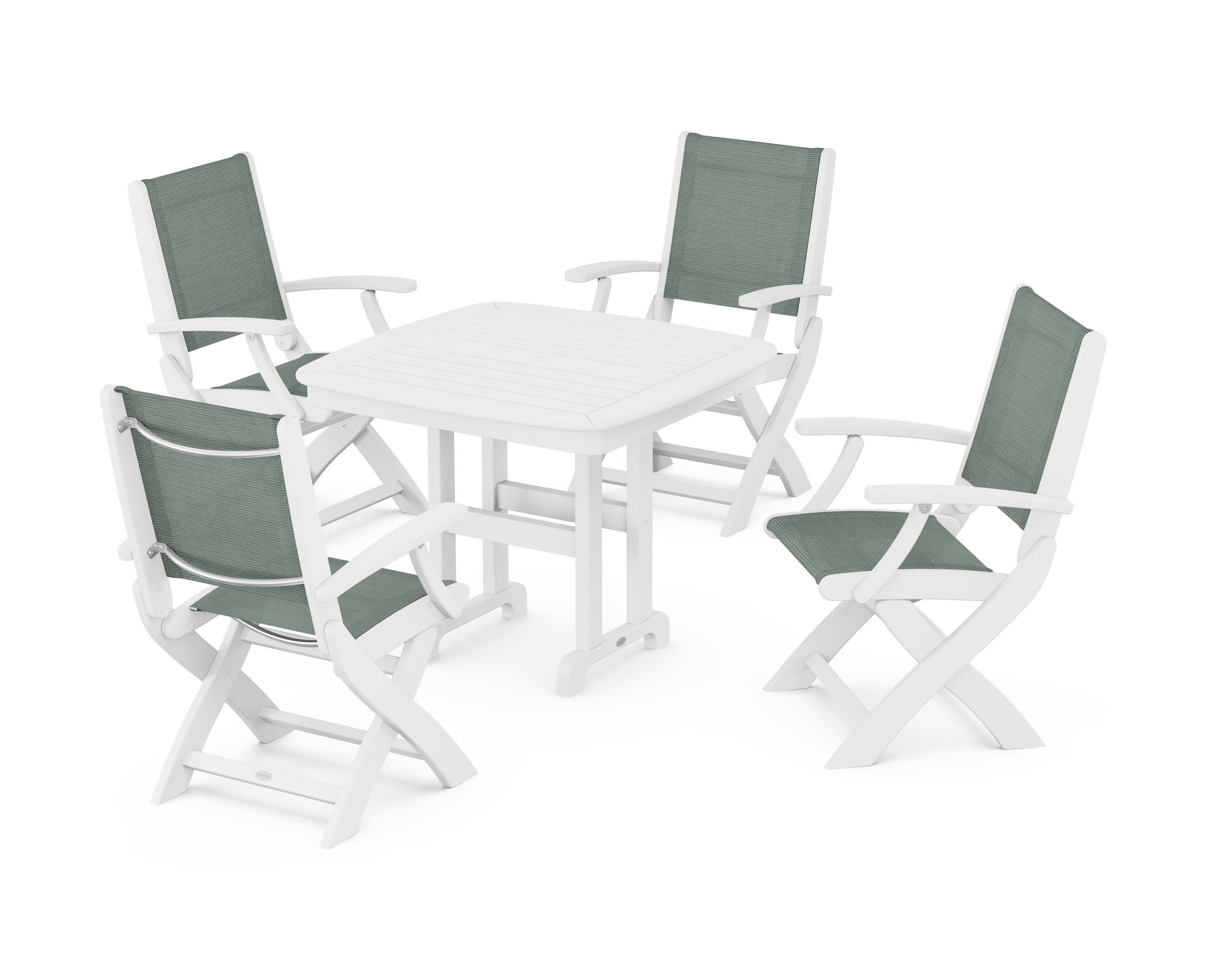 Coastal Folding Chair 5-Piece Dining Set in White / Dupioni Sea Mist Sling