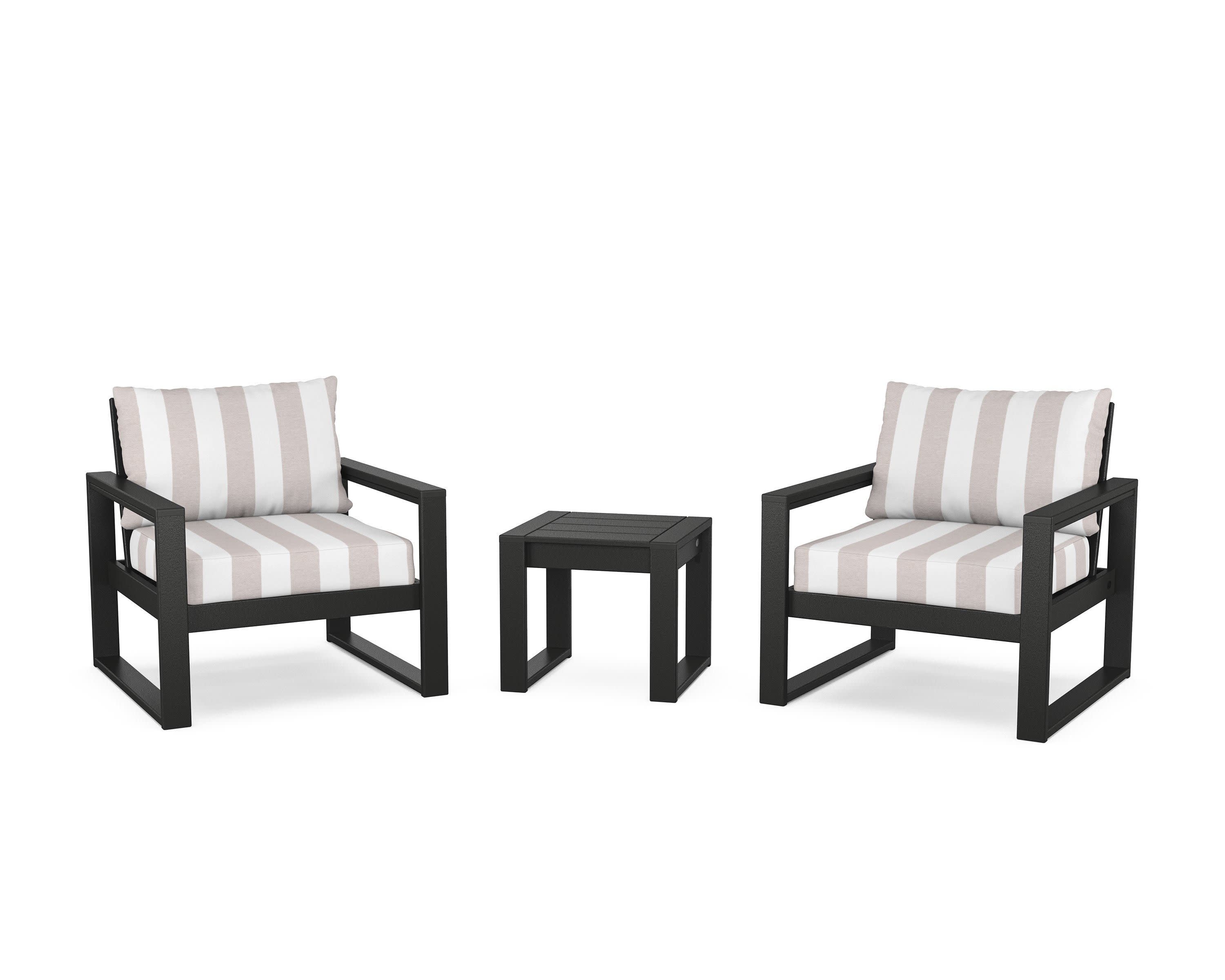 EDGE Sectional 3-Piece Deep Seating Set in Black / Cabana Stripe Dune Burlap