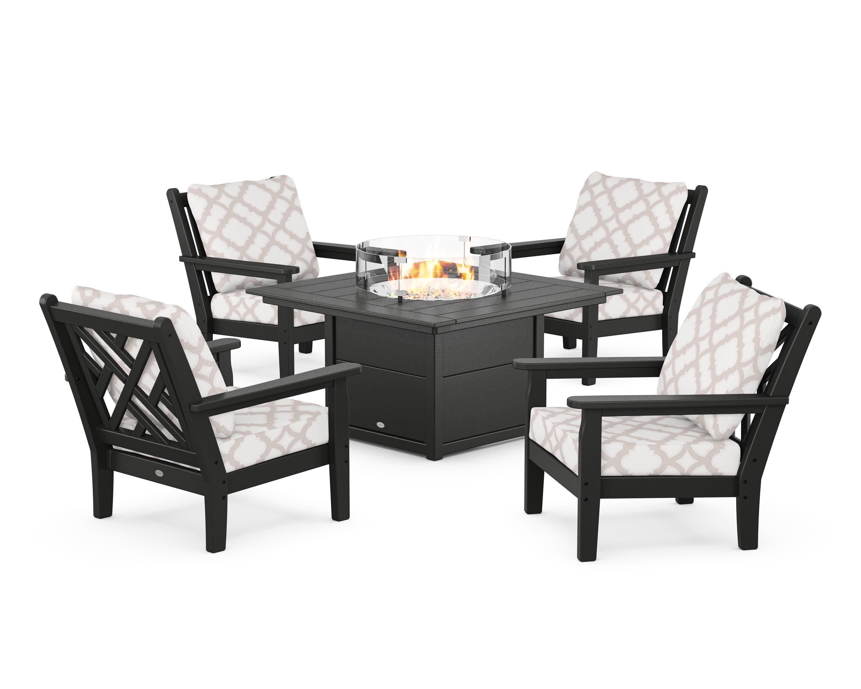 Chippendale 5-Piece Deep Seating Set with Fire Pit Table in Black / Trellis Dune Burlap