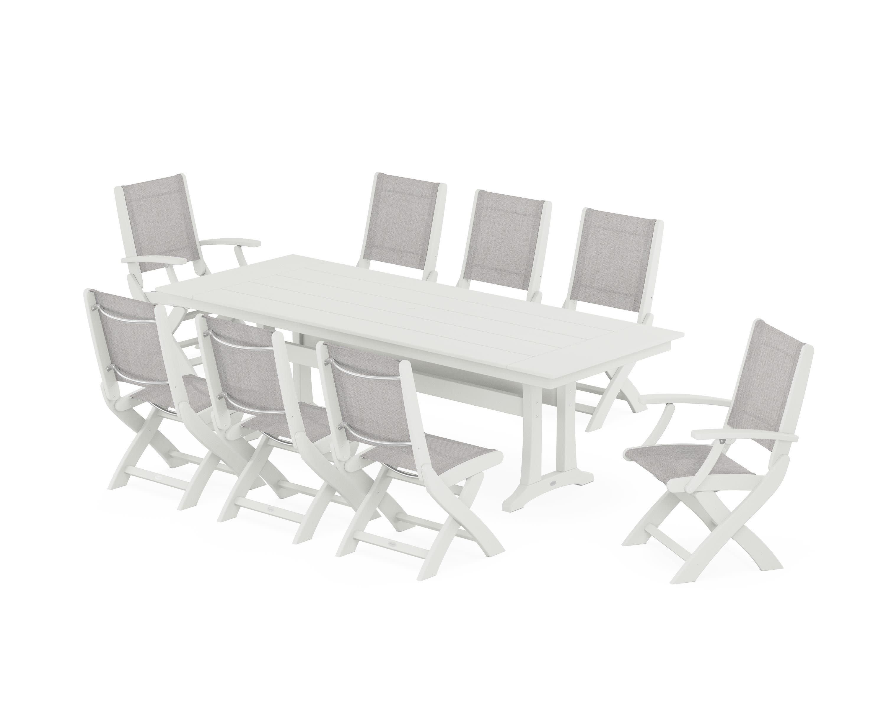 Coastal 9-Piece Folding Dining Chair Farmhouse Dining Set with Trestle Legs in Vintage White / Parchment Sling