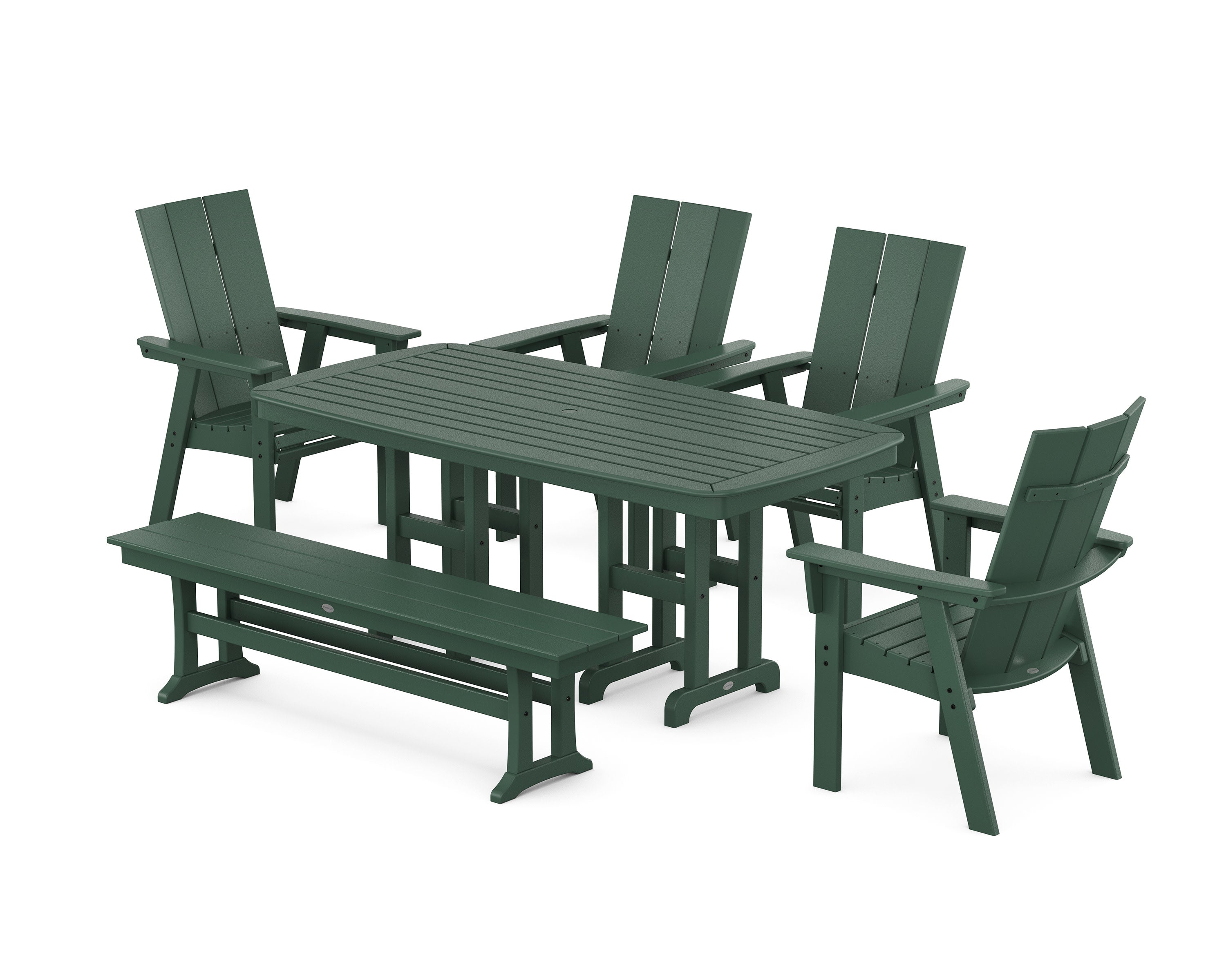 Modern Curveback Adirondack 6-Piece Dining Set with Bench in Green